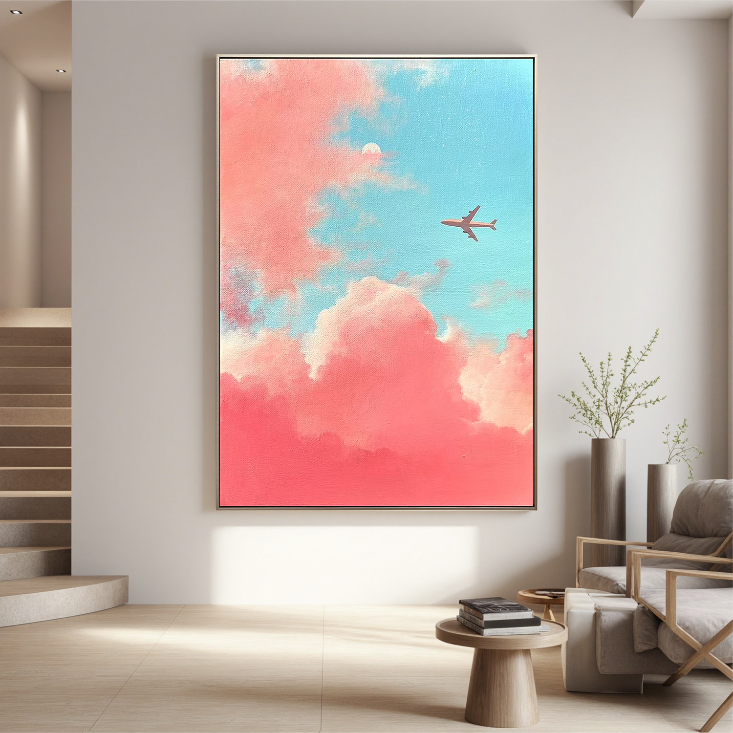 Dreamy Pink and Blue Sky Wall Art with Airplane – Pastel Cloud Canvas Painting for Modern Home Decor #OA 0798