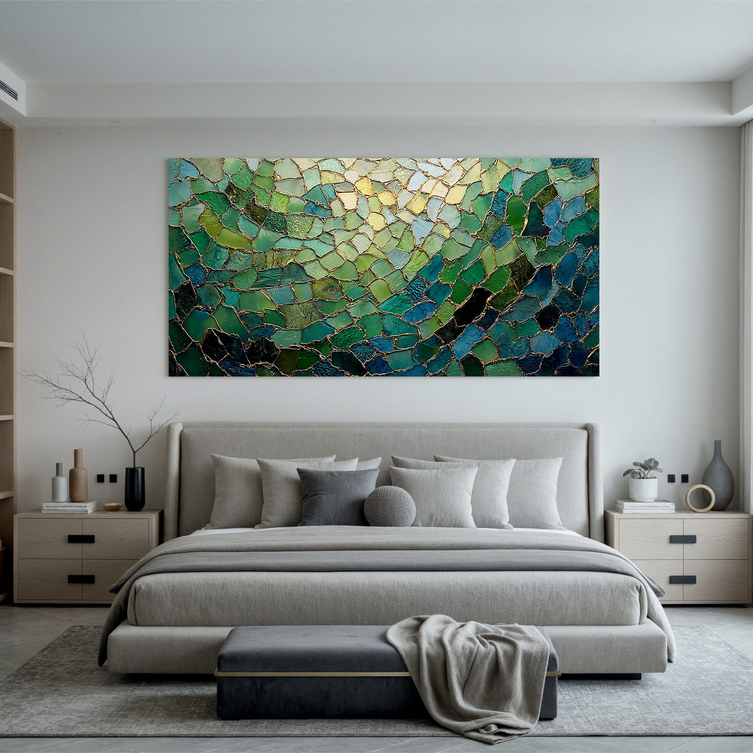 Green Abstract Mosaic Wall Art – Modern Emerald and Gold Textured Canvas Painting for Living Room Decor #OA 0818