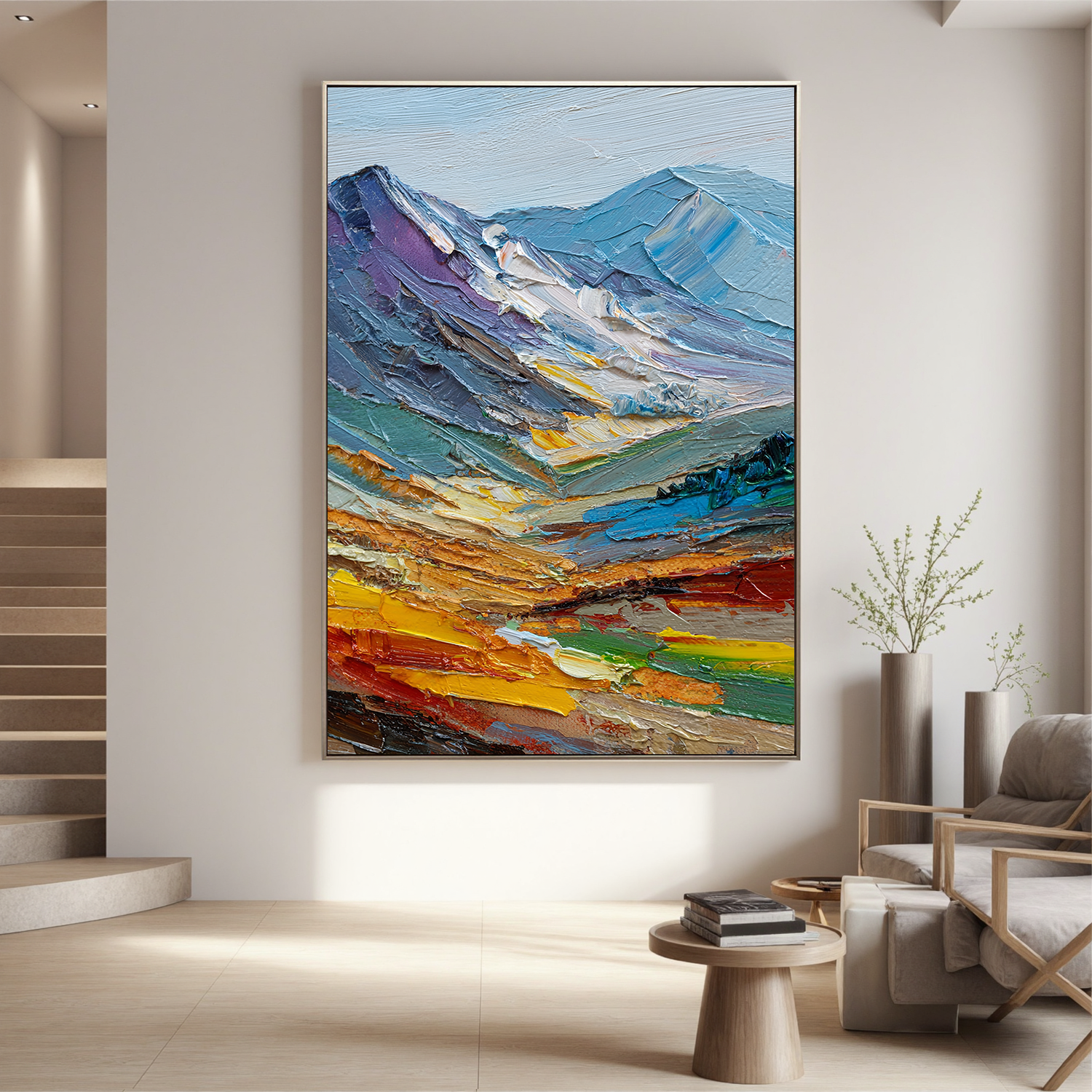 Textured Mountain Landscape Oil Painting – Impasto Abstract Canvas Wall Art for Modern Home Decor#OA 0886