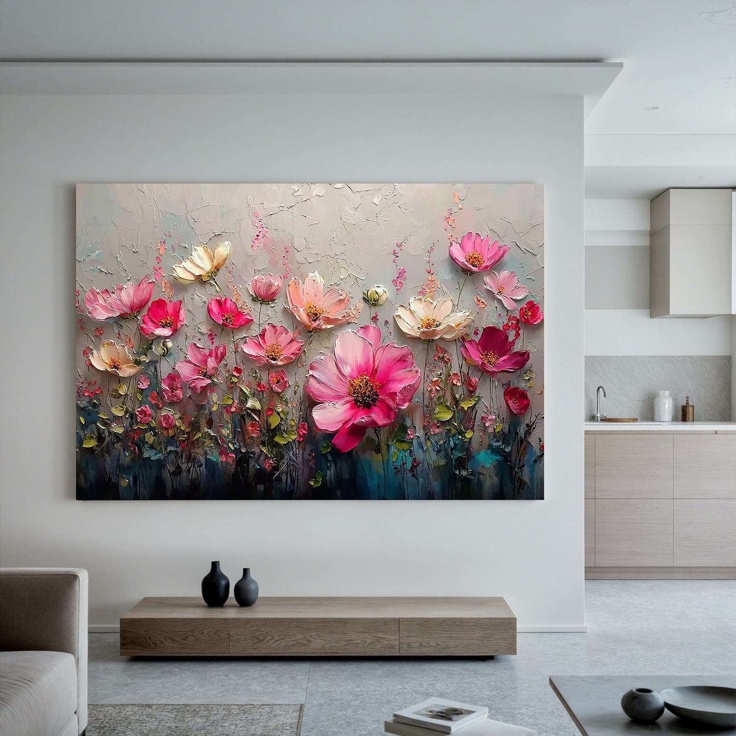 Pink Floral Wall Art, Textured Flower Garden Canvas Painting for Living Room Décor #OA 0409