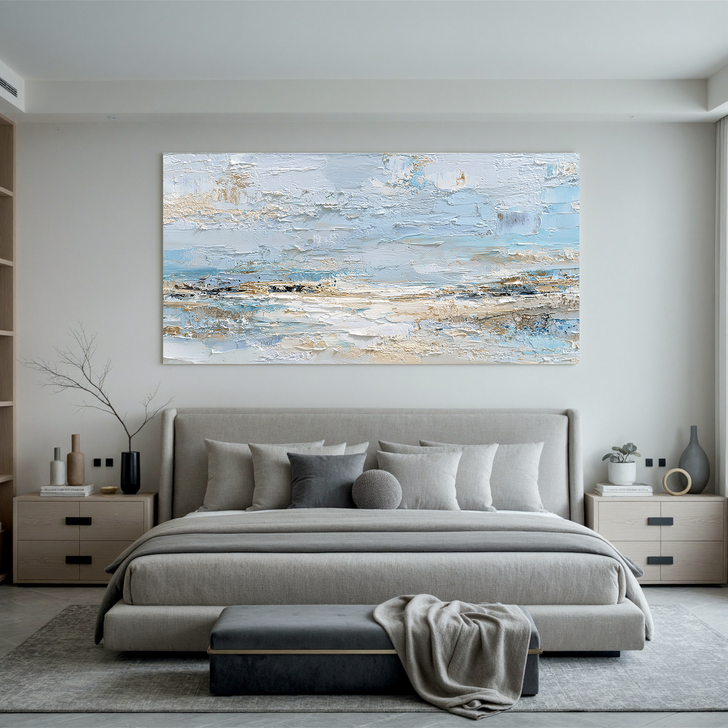Large Abstract Coastal Canvas Wall Art – Soft Blue & Neutral Seascape Painting for Modern Living Room Decor#OA 0842