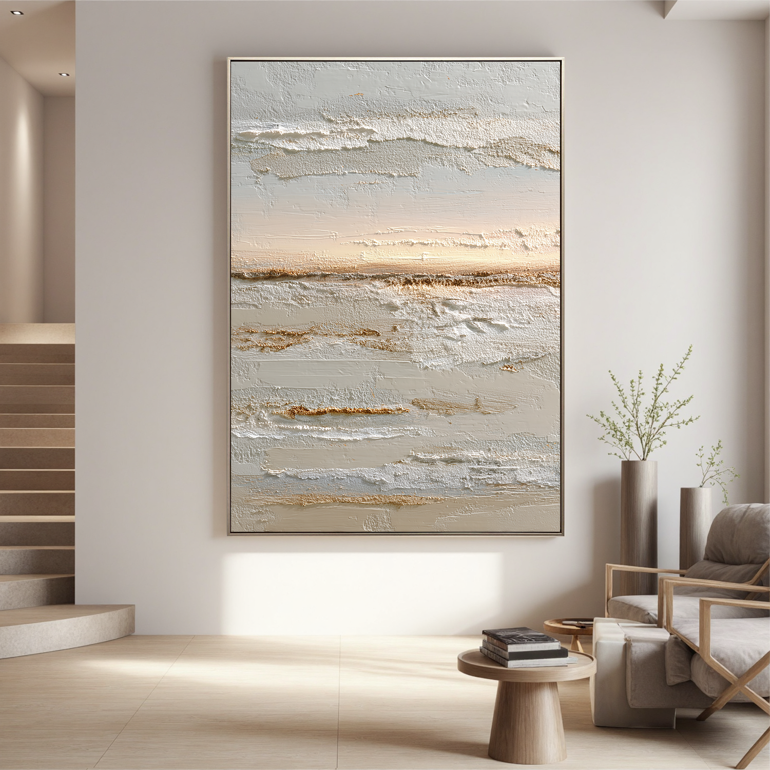 Neutral Abstract Landscape Canvas Wall Art – Textured Cream and Beige Minimalist Painting for Living Room Decor#OA 0858