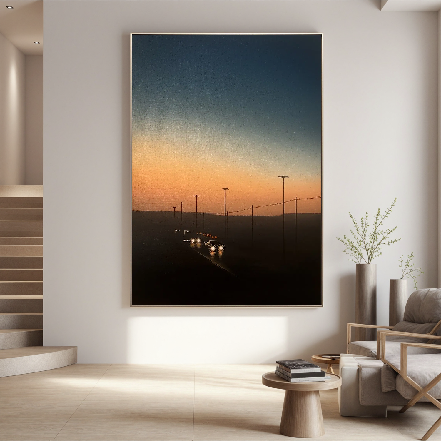 Sunset Highway Wall Art with Car Lights, Cinematic Dusk Road Landscape Canvas for Modern Living Room Decor #OA 0751