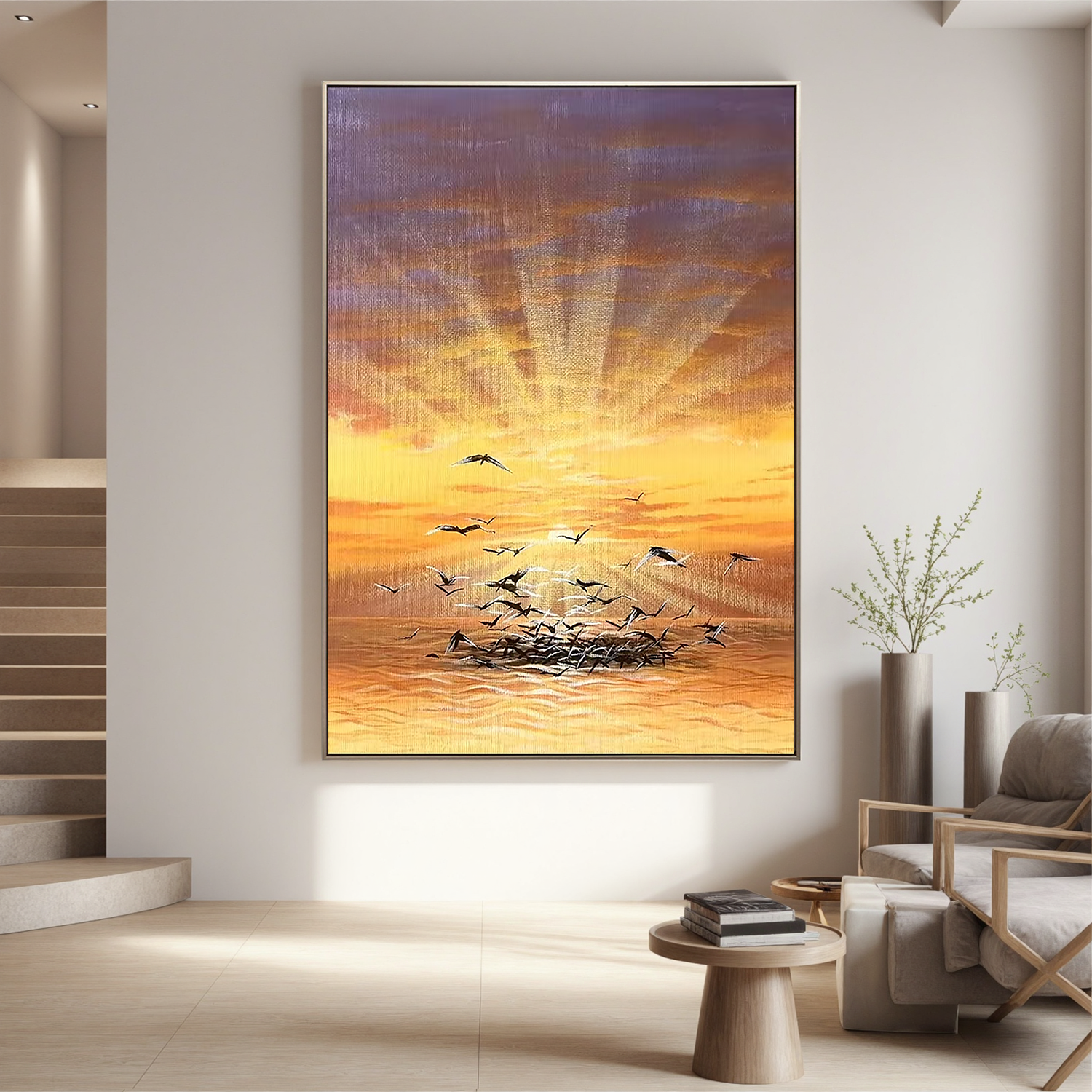 Golden Ocean Sunrise Wall Art with Flying Seagulls, Serene Coastal Landscape Canvas Painting for Living Room Decor #OA 0789