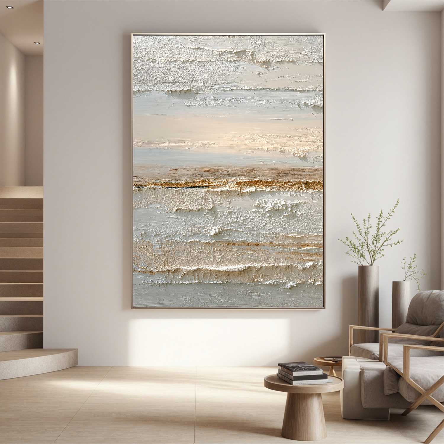 Neutral Abstract Landscape Canvas Wall Art – Textured Cream and Beige Painting for Minimalist Living Room Decor#OA 0857