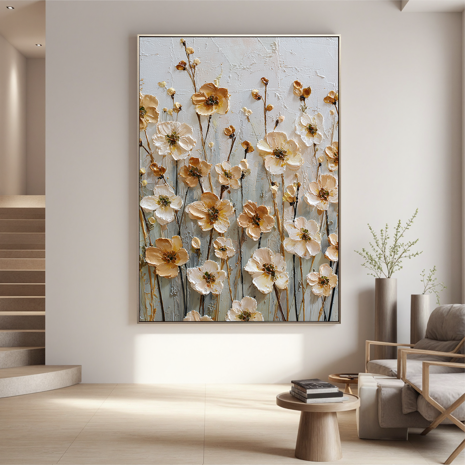 Vertical Floral Canvas Wall Art – Elegant Neutral Flower Painting for Bedroom & Modern Home Decor#OA 0846