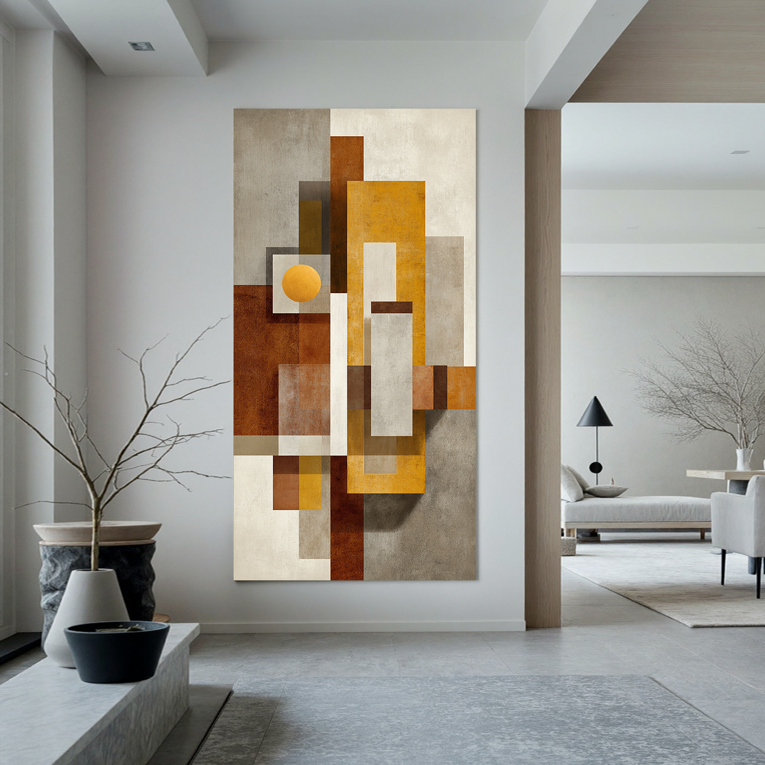 Mid Century Modern Geometric Abstract Canvas Wall Art – Vertical Neutral Beige Mustard Yellow Painting for Entryway Living Room Decor#OA 0867