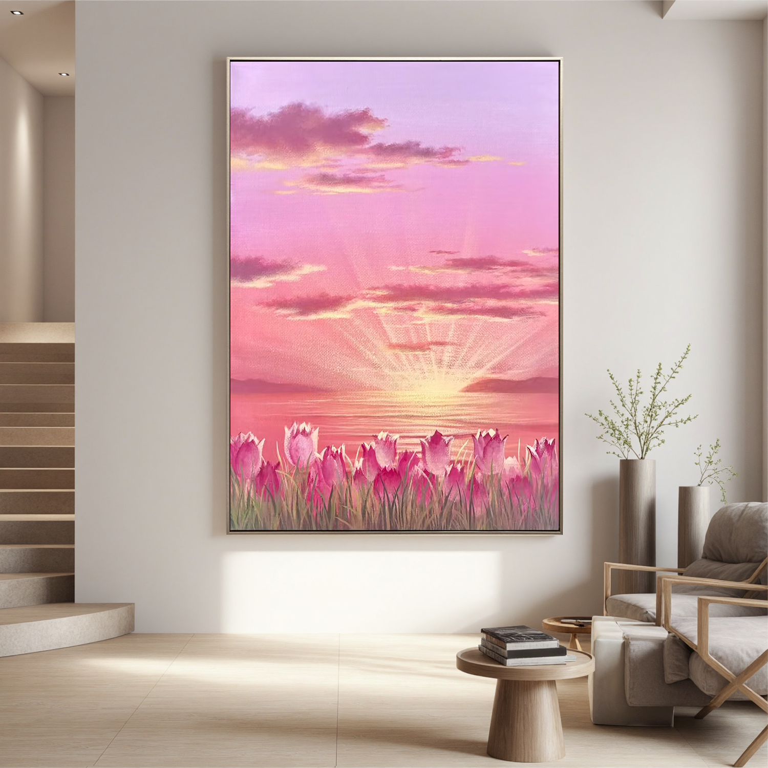 Pink Tulip Sunset Wall Art, Romantic Floral Landscape Canvas Painting, Dreamy Lake Sunrise Decor for Living Room Bedroom #OA 0785