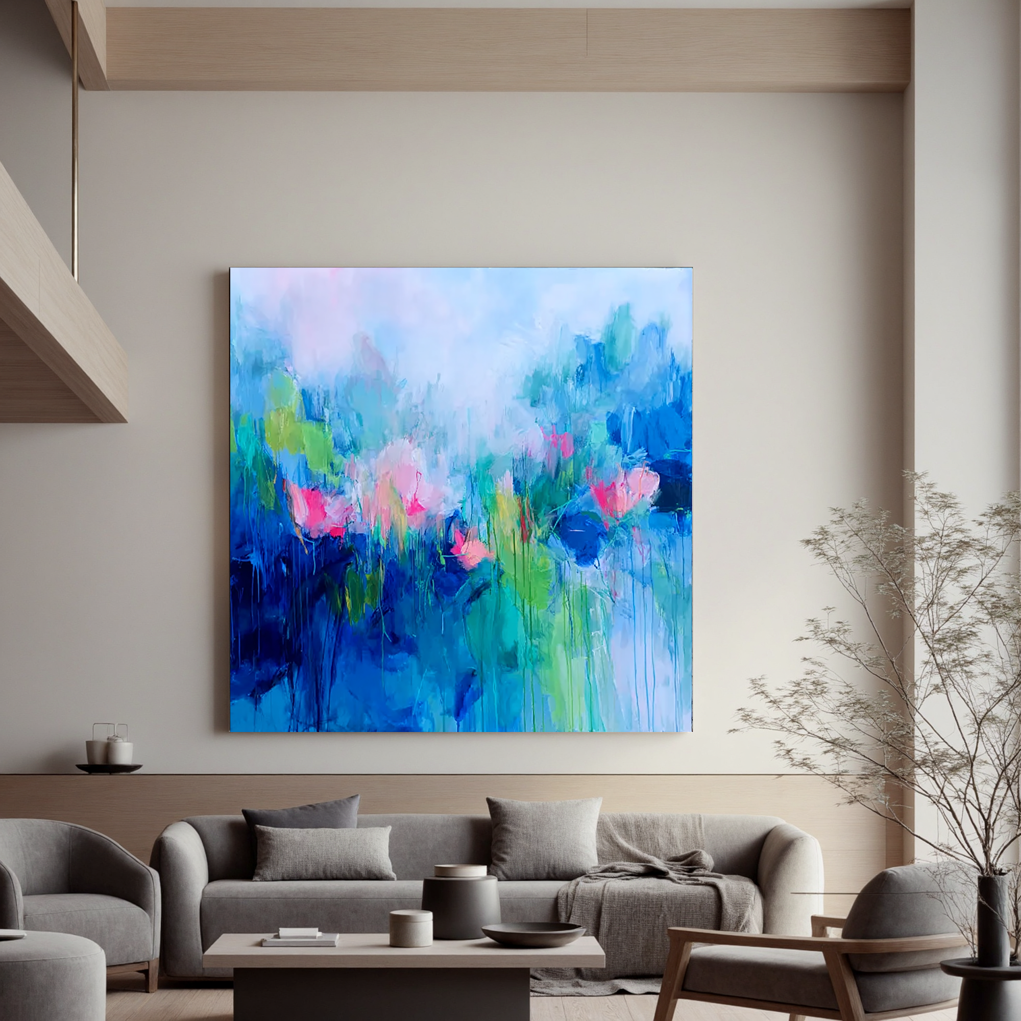 Abstract Blue Floral Oil Painting Canvas – Modern Pink Flower Wall Art for Living Room Contemporary Home Decor#OA 0502