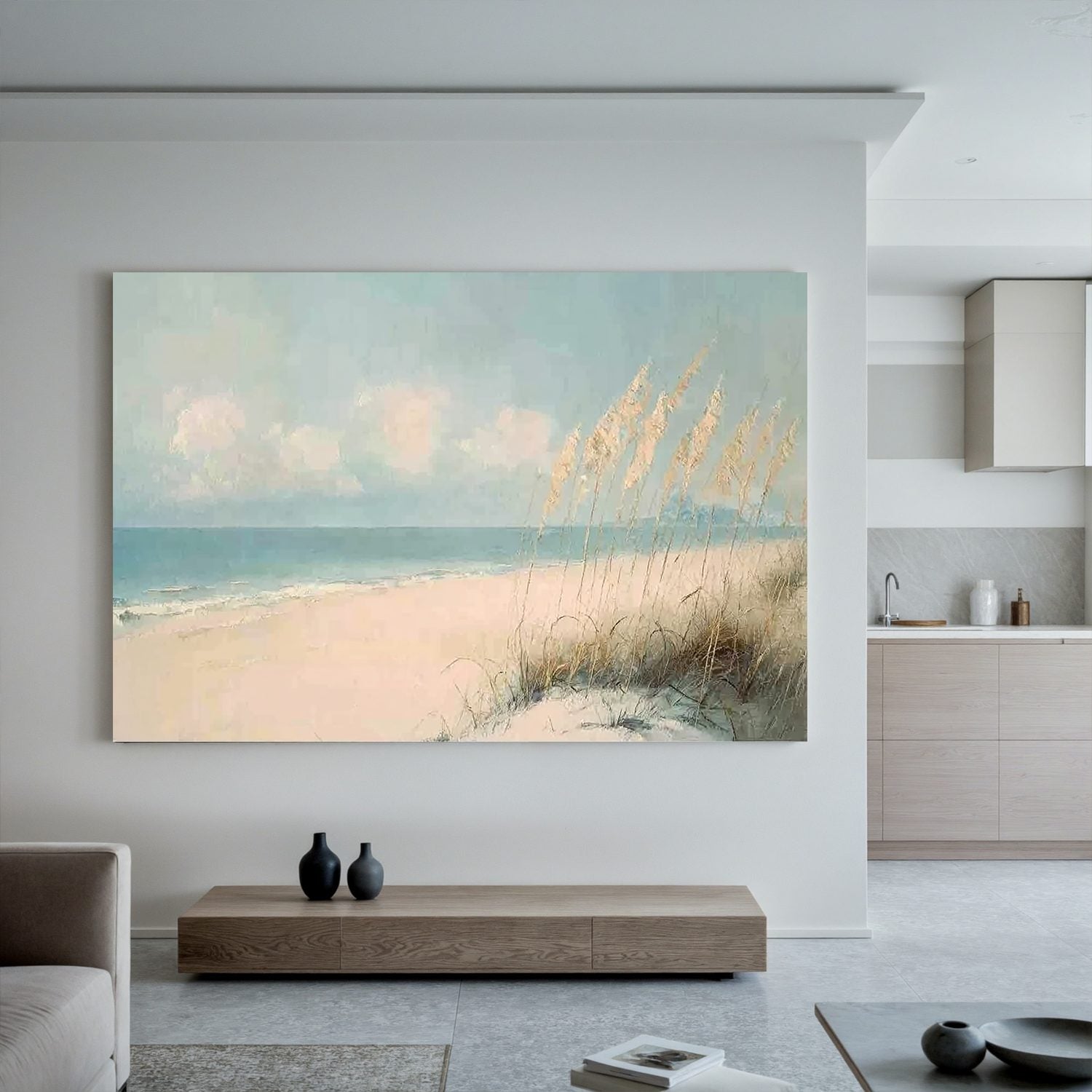 Soft Coastal Beach Wall Art, Serene Ocean Seascape Canvas Painting for Living Room Décor #OA 0419