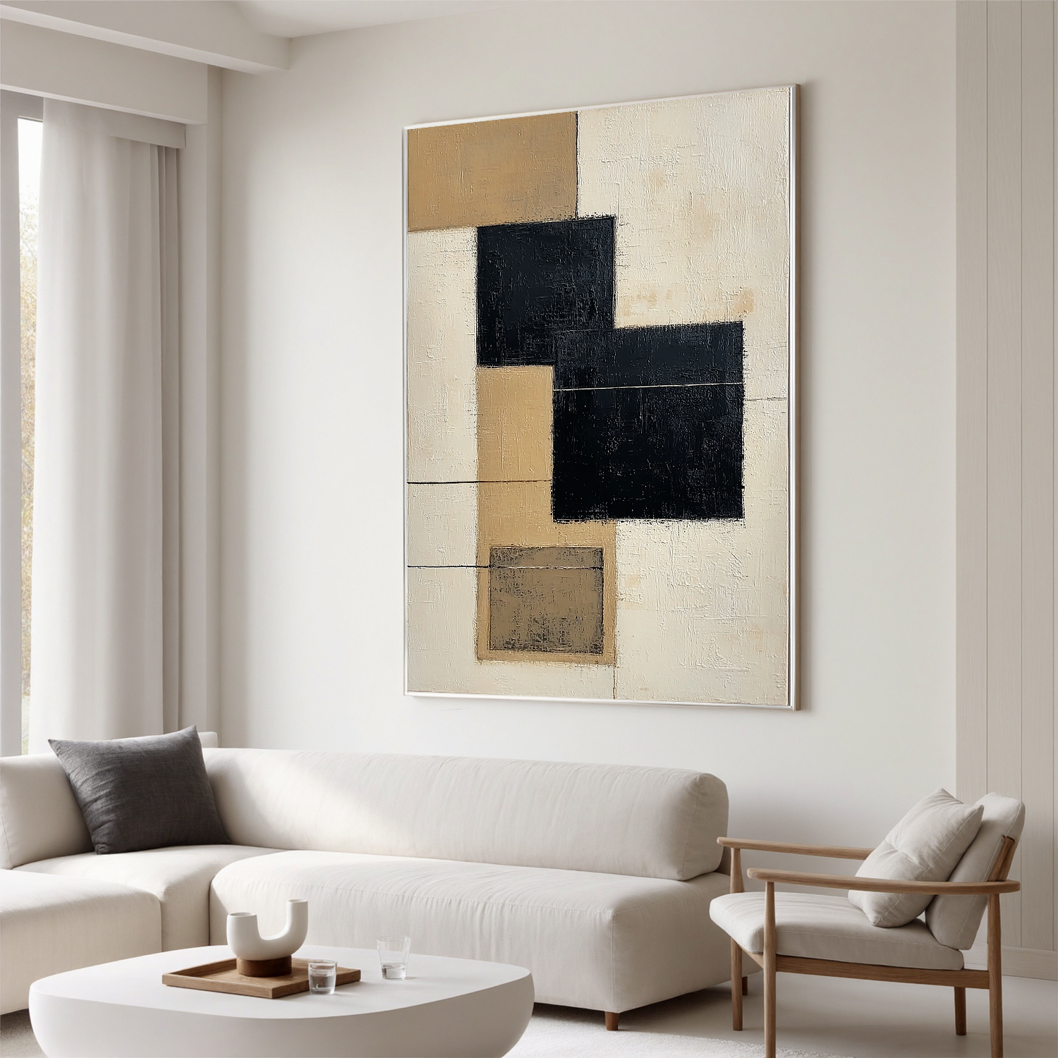 Black and Beige Abstract Oil Painting, Minimalist Geometric Wall Art for Living Room Decor#OA 0570