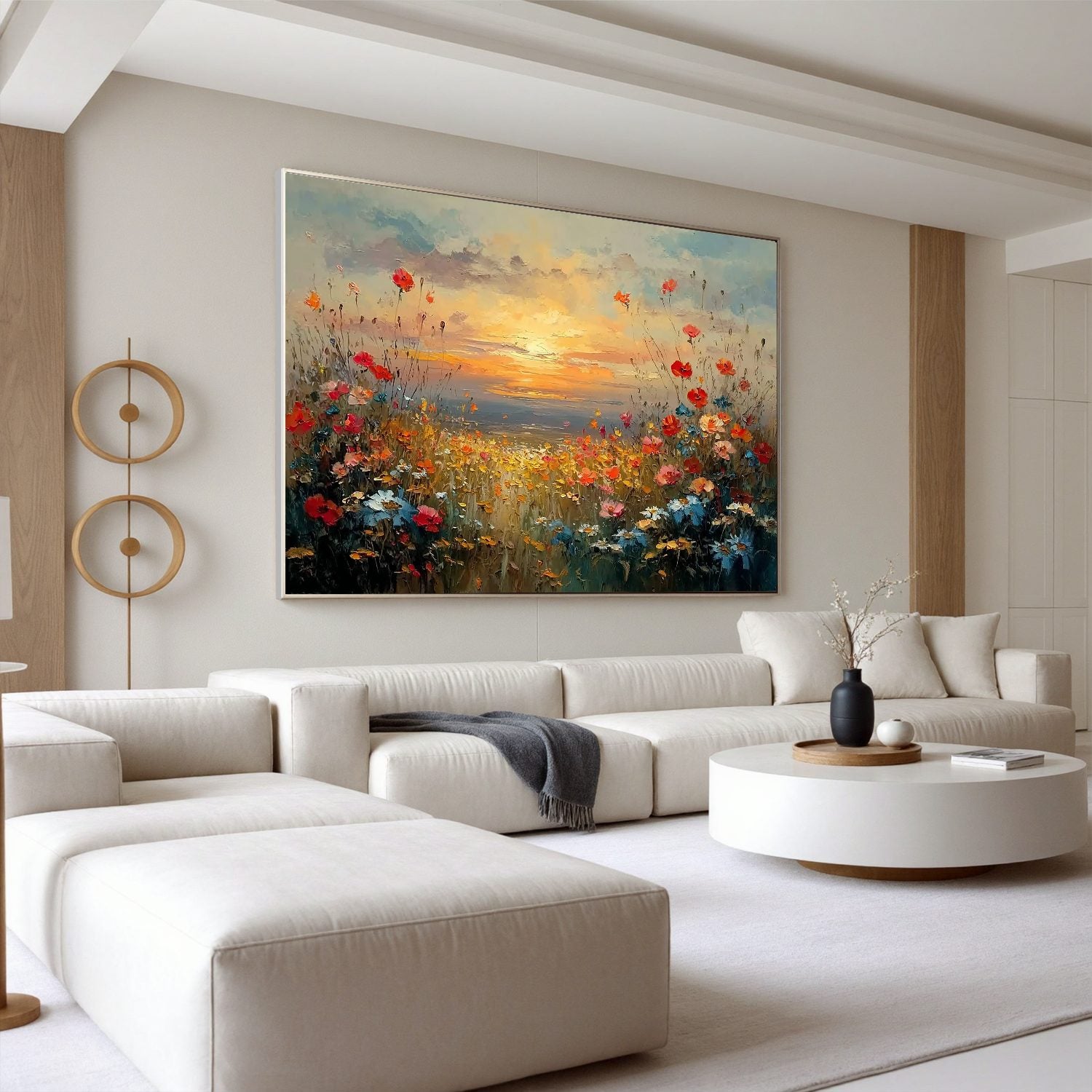 Sunset Wildflower Meadow Wall Art, Colorful Floral Landscape Canvas Painting for Living Room Décor #OA 0415