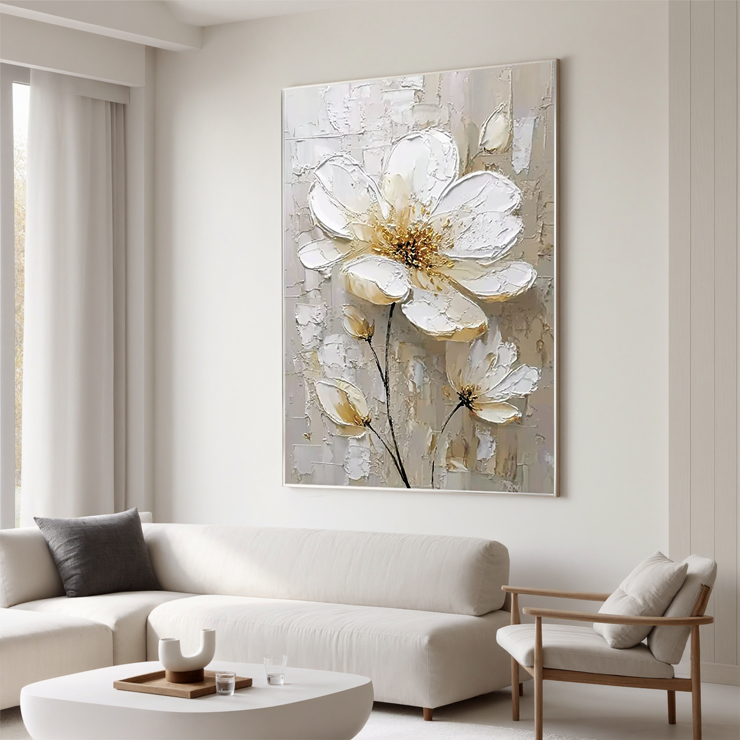 White Floral Oil Painting, Textured Gold Flower Wall Art for Living Room Decor#OA 0584