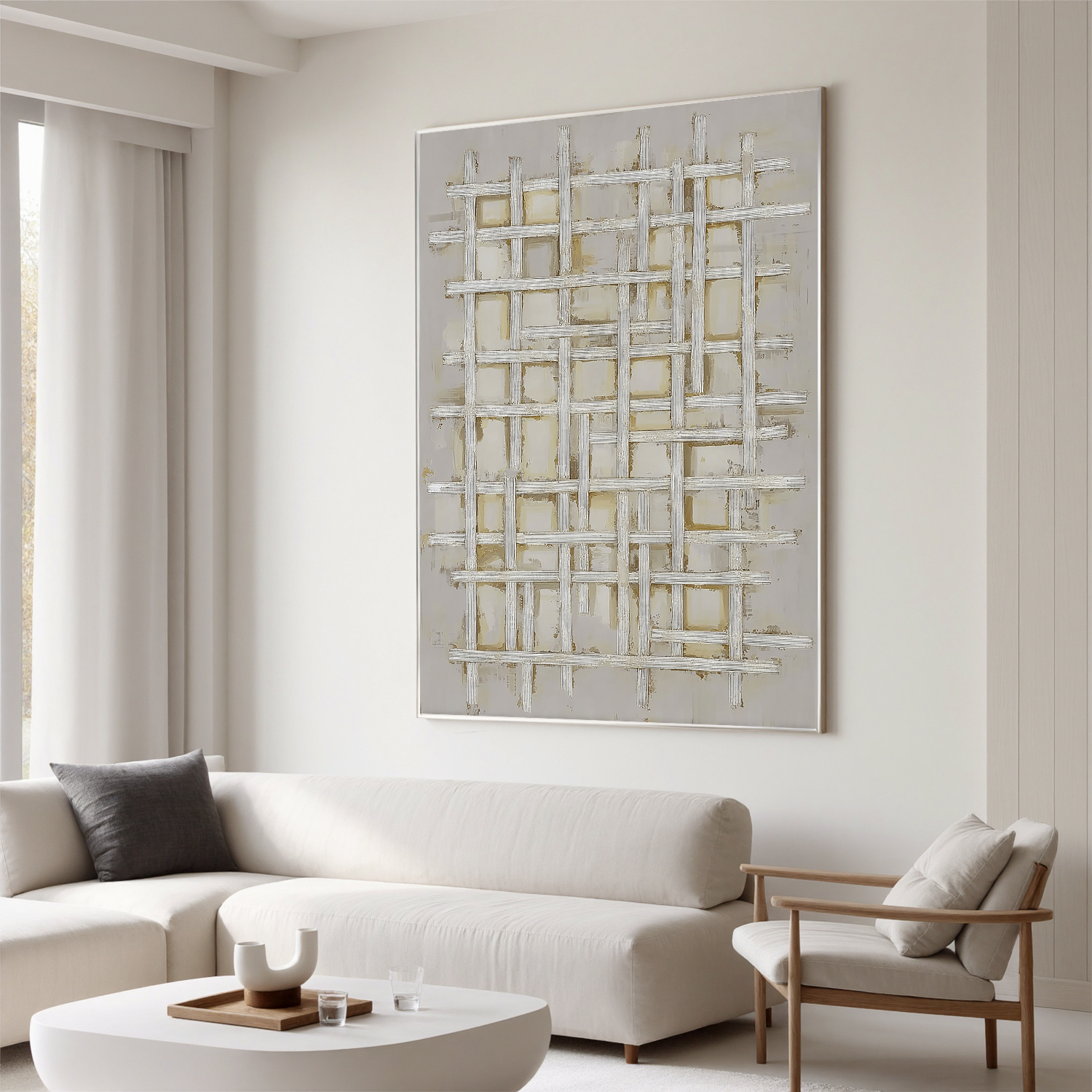 White Textured Abstract Oil Painting, Minimalist Woven Wall Art for Living Room Decor#OA 0559