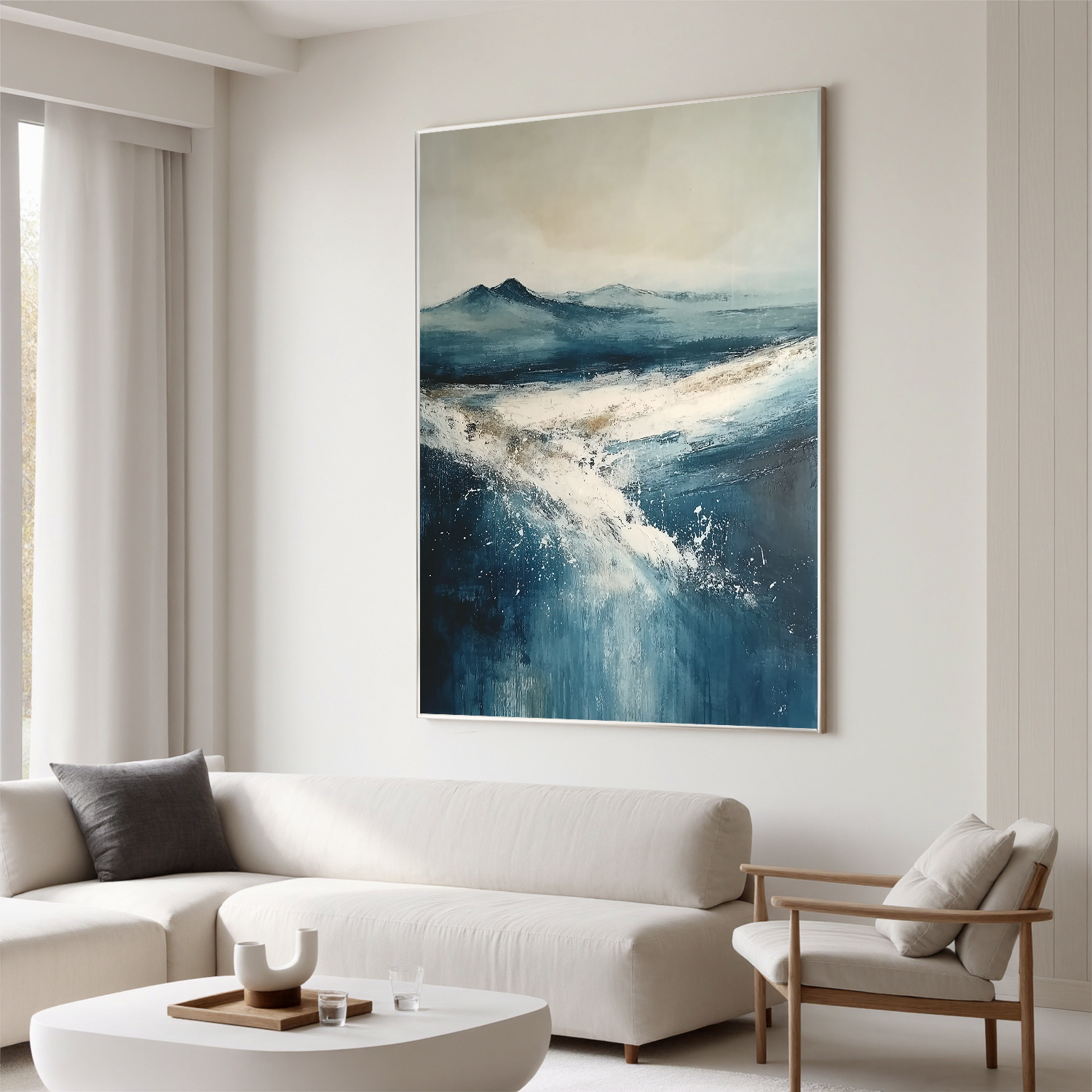 Blue Snowy Landscape Oil Painting, Abstract Coastal Mountain Wall Art for Living Room Decor #OA 0562
