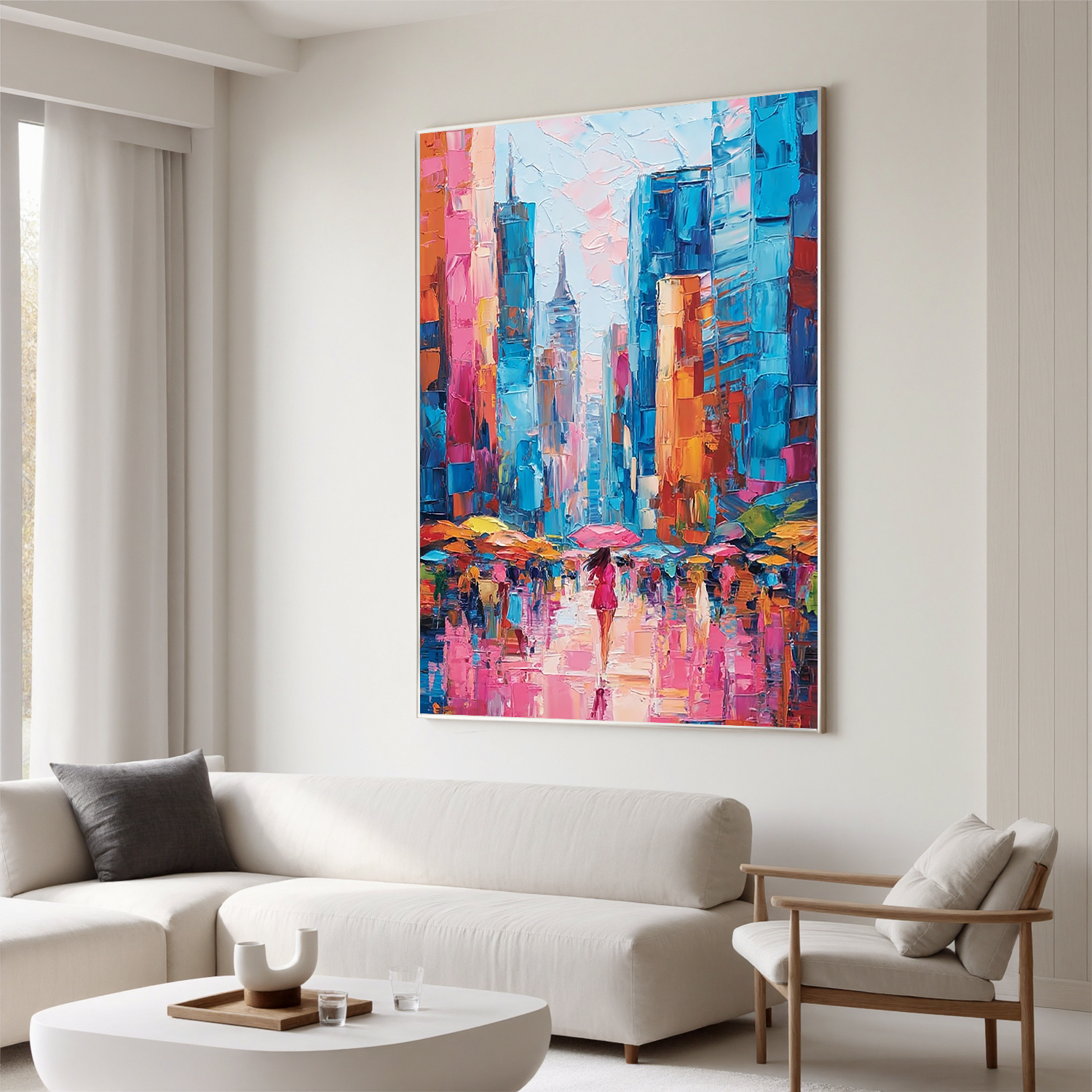 Colorful Abstract Cityscape Oil Painting, Pink and Blue Urban Wall Art for Living Room Decor#OA 0524