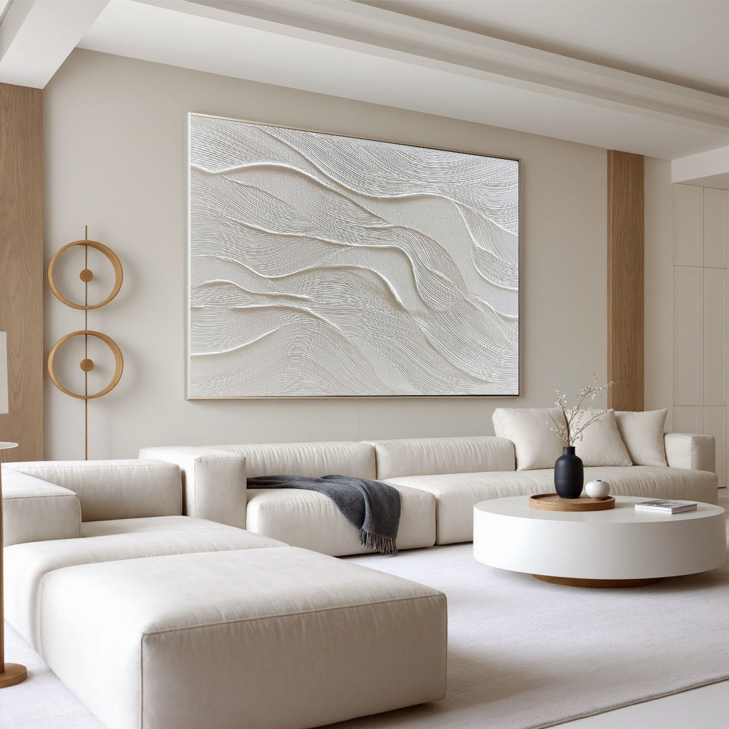 White Textured Abstract Wall Art, Minimal Wavy Lines Canvas Painting for Modern Living Room Décor #OA 0413
