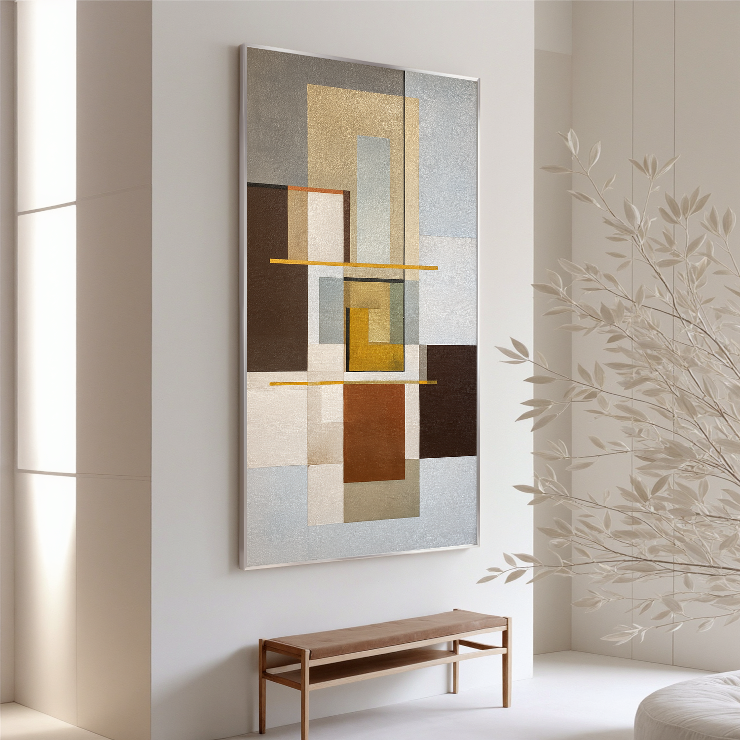 Mid Century Modern Geometric Abstract Canvas Wall Art – Neutral Beige and Brown Vertical Painting for Living Room Decor#OA 0862