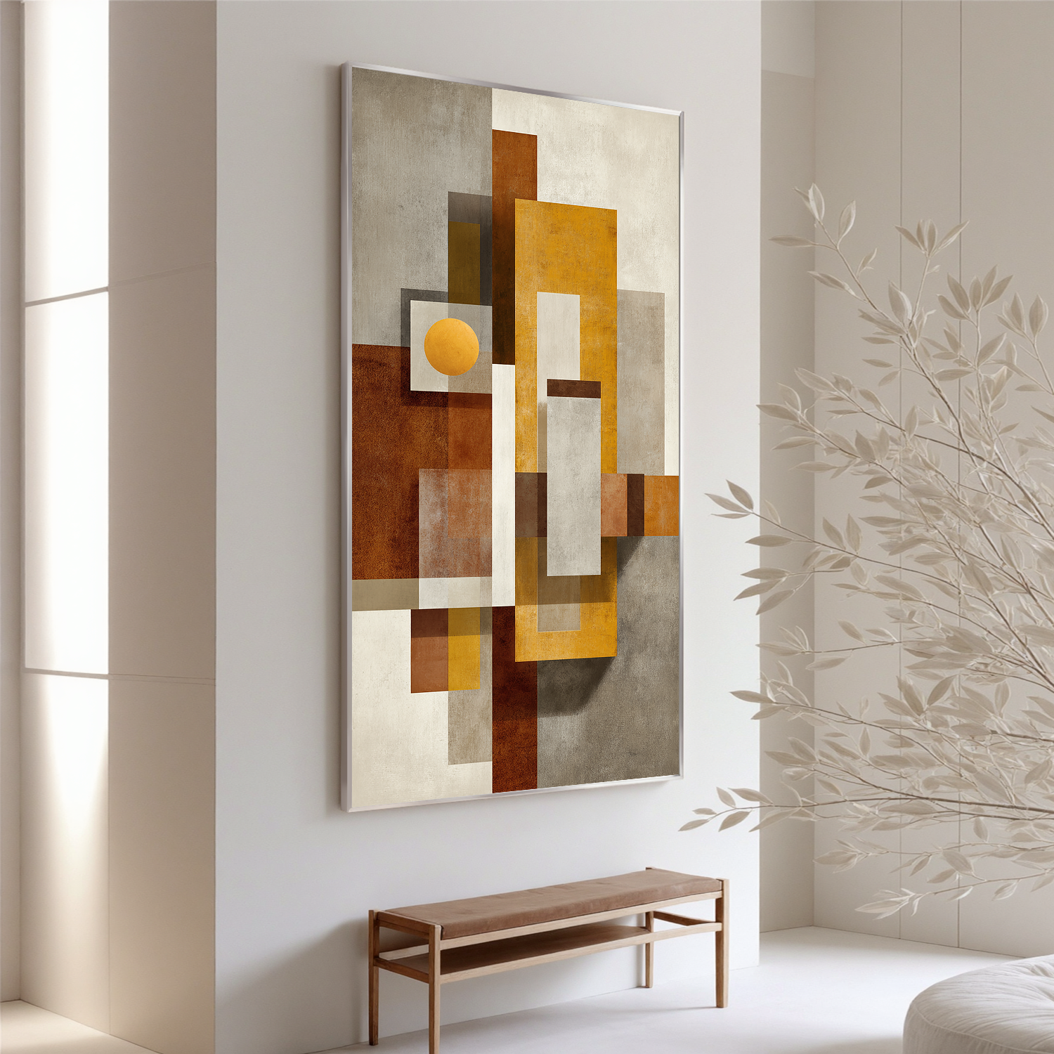 Mid Century Modern Geometric Abstract Canvas Wall Art – Vertical Neutral Beige Mustard Yellow Painting for Entryway Living Room Decor#OA 0867
