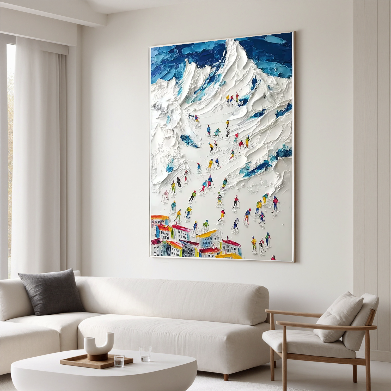 Large Textured Ski Mountain Oil Painting, Snowy Alpine Wall Art for Living Room Decor #OA 0546