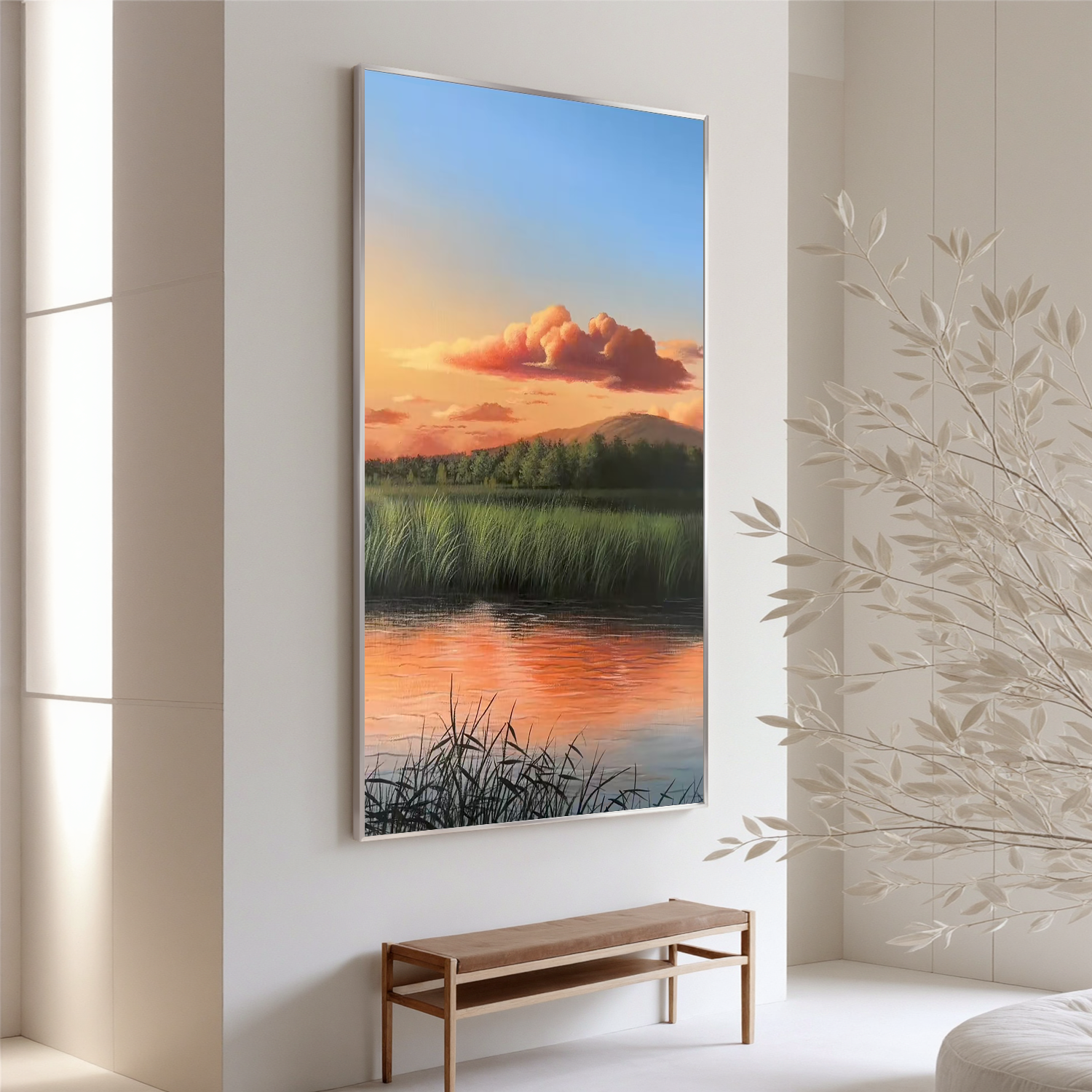 Sunset Marsh Landscape Wall Art, Serene Lake Reflection Canvas Painting, Nature Scenic Wall Decor for Living Room #OA 0782