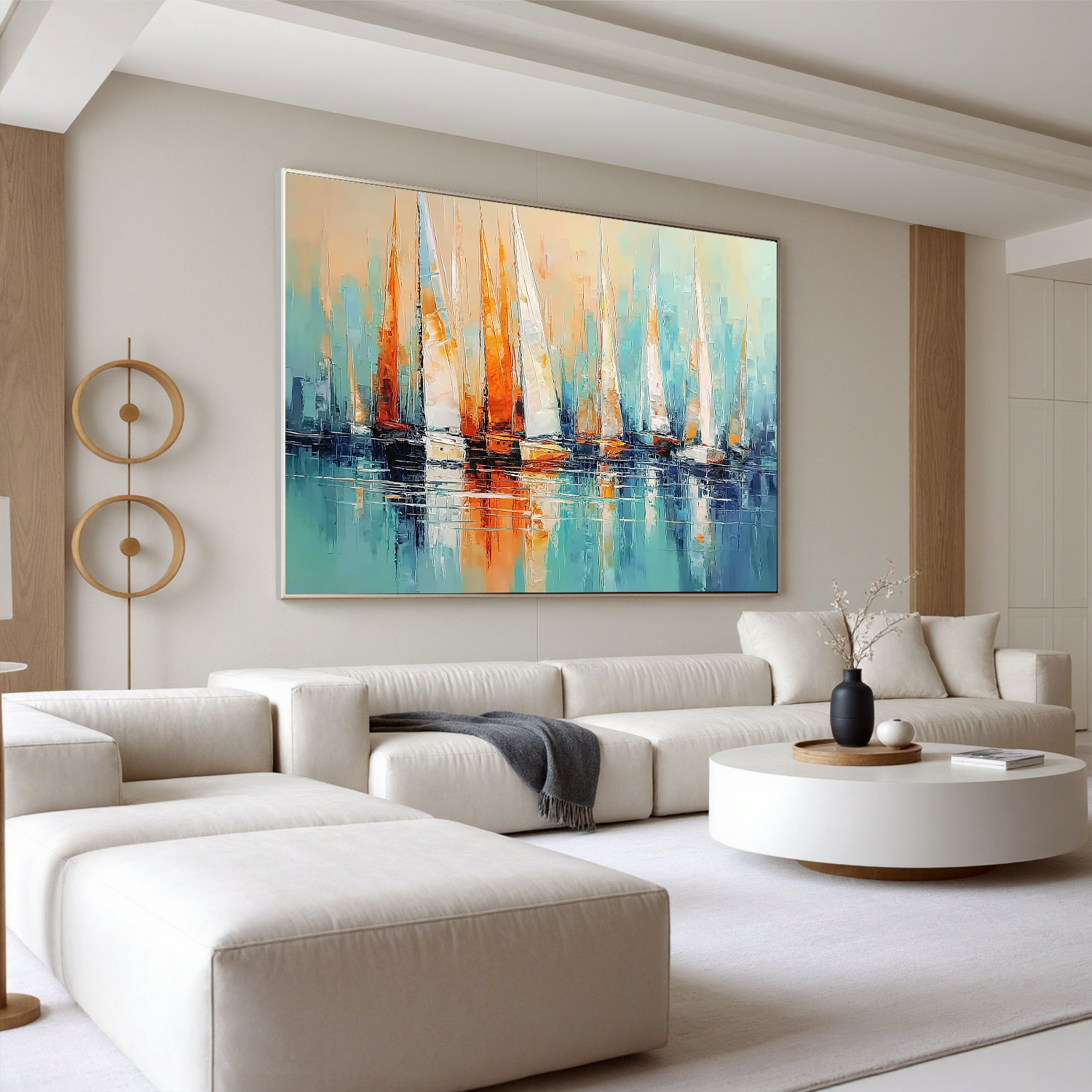 Abstract Sailboat Oil Painting Wall Art – Modern Coastal Canvas Artwork for Living Room Nautical Home Decor #OA 0434