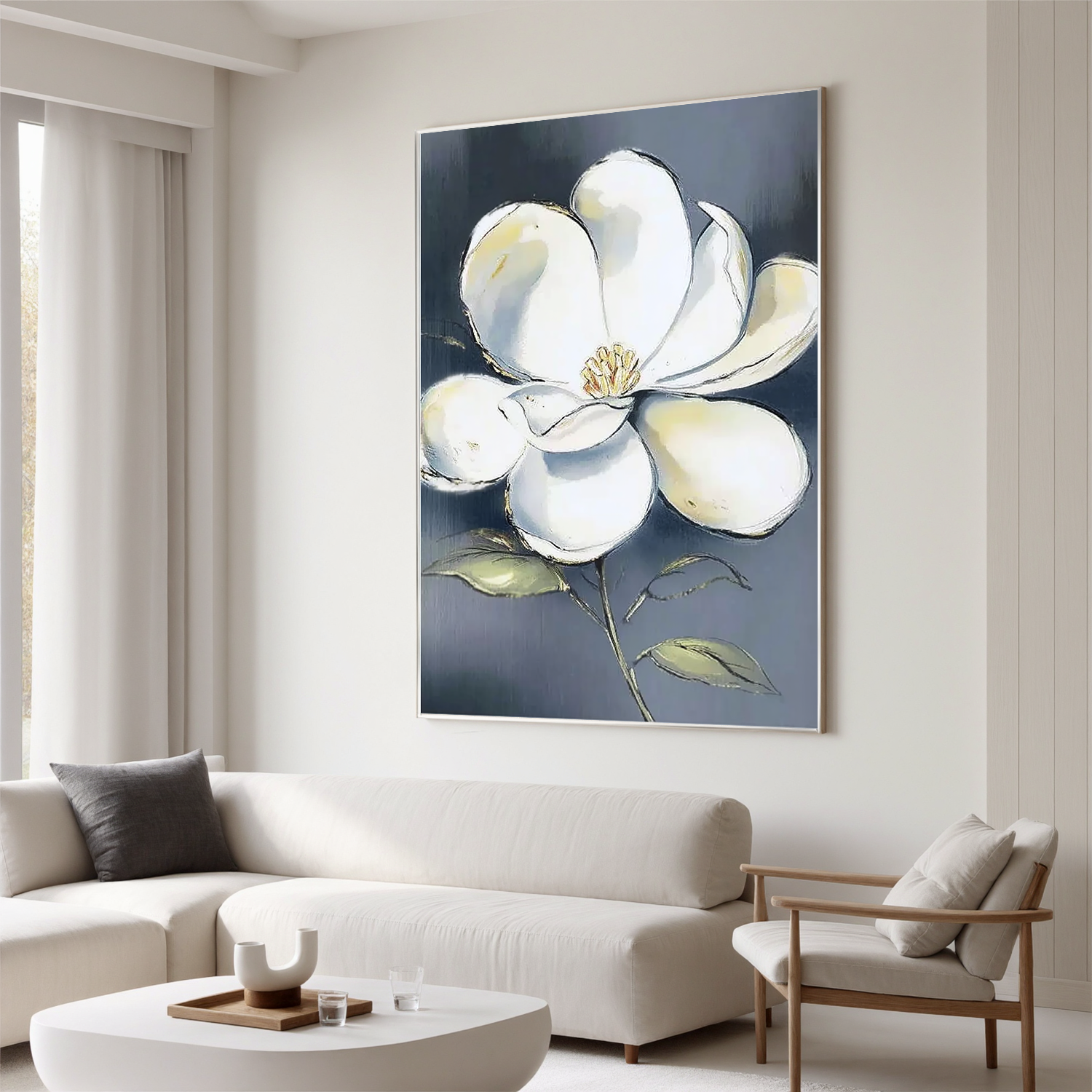 White Flower Oil Painting, Minimalist Floral Wall Art on Blue Gray Background for Living Room Decor#OA 0518