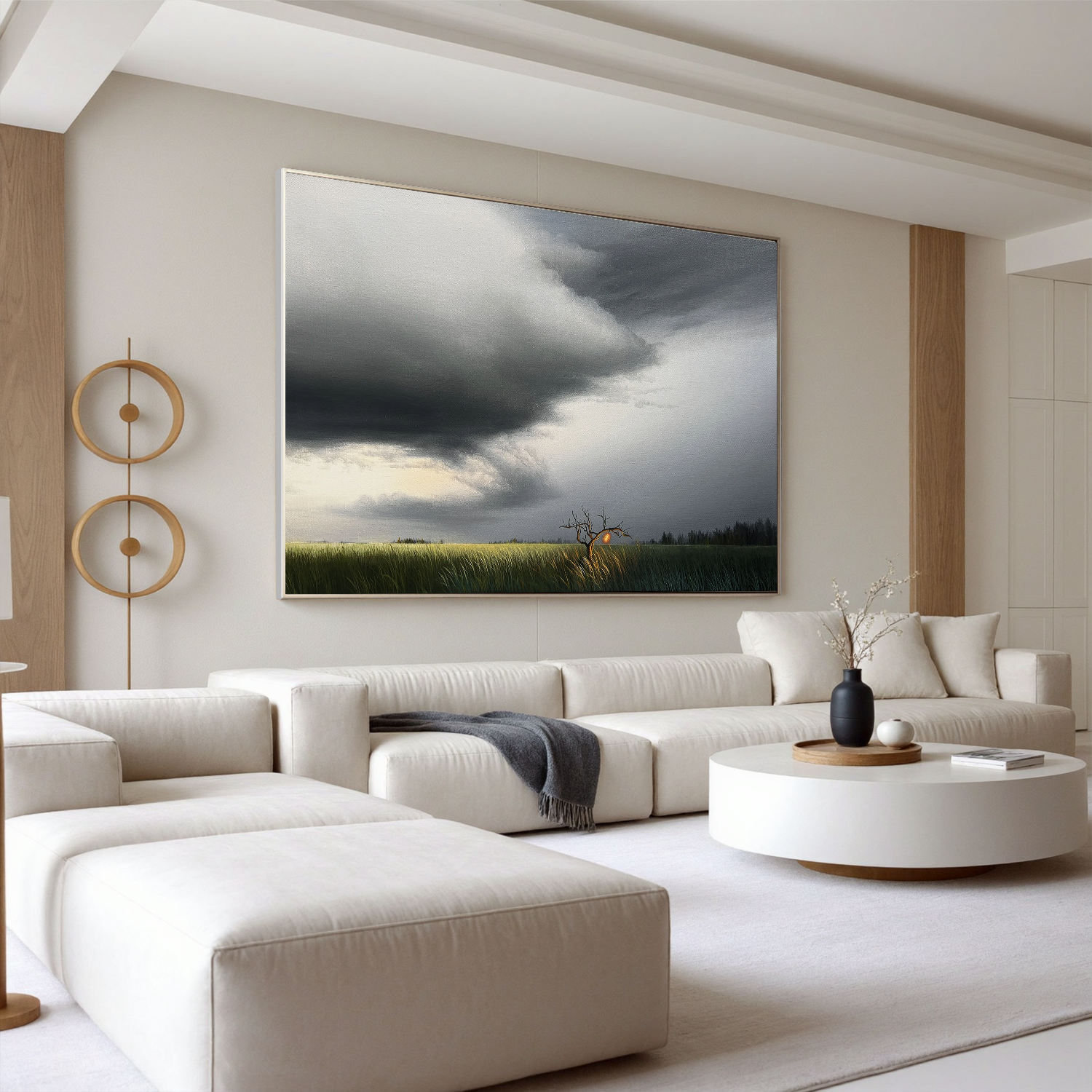 Dramatic Stormy Sky Landscape Wall Art with Glowing Tree, Moody Panoramic Field Canvas for Living Room Decor #OA 0736