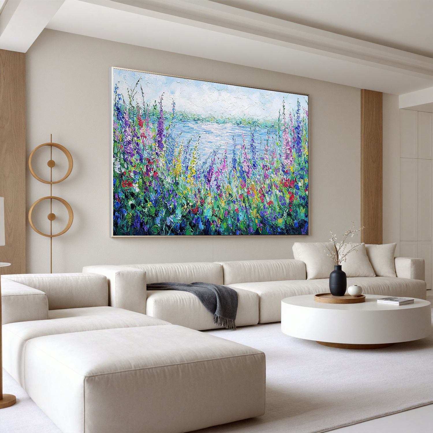 Colorful Wildflower Lake Wall Art, Textured Garden Landscape Canvas Painting for Living Room Décor #OA 0407