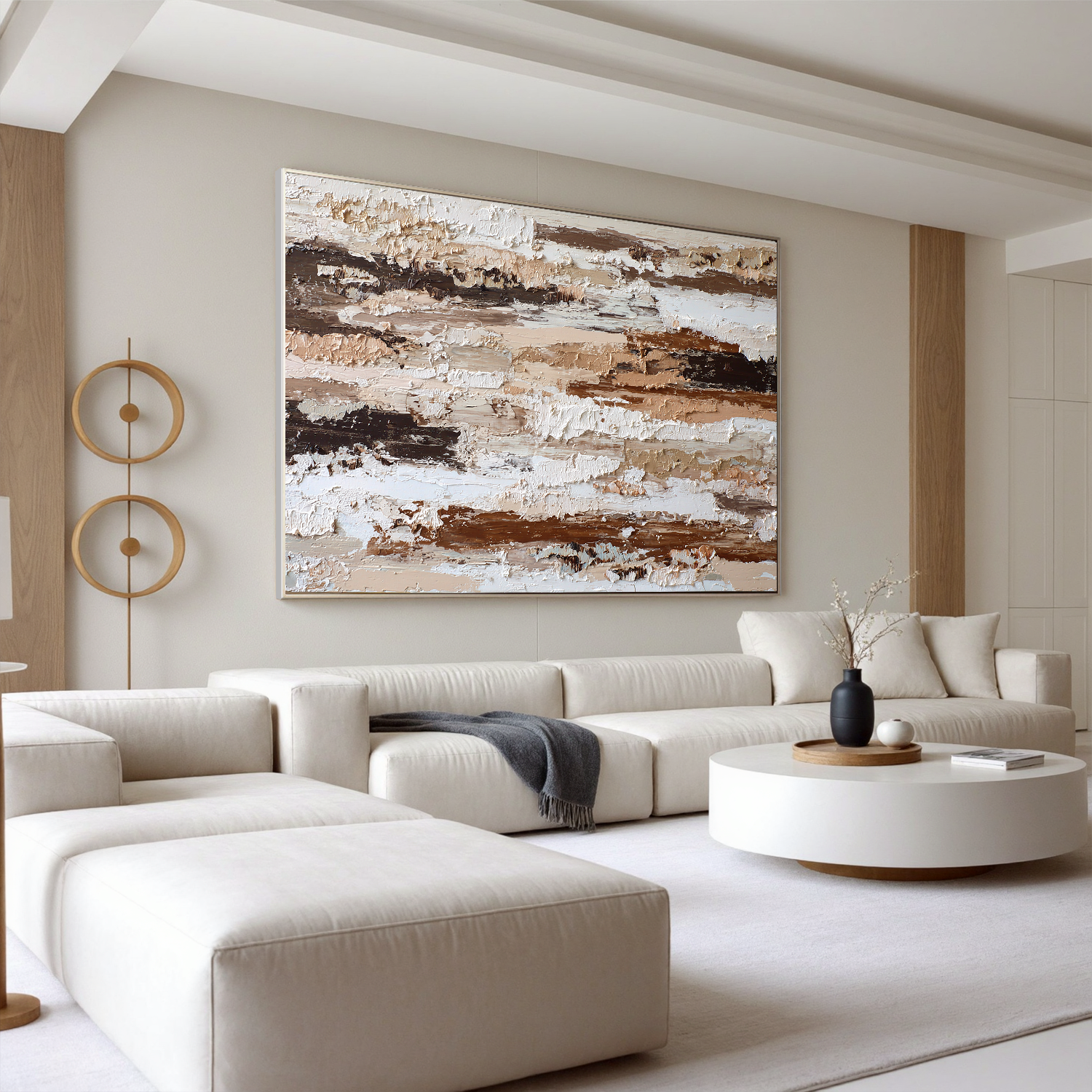 Large Horizontal Neutral Textured Wall Art – Brown and Beige Abstract Canvas for Modern Living Room Decor#OA 827