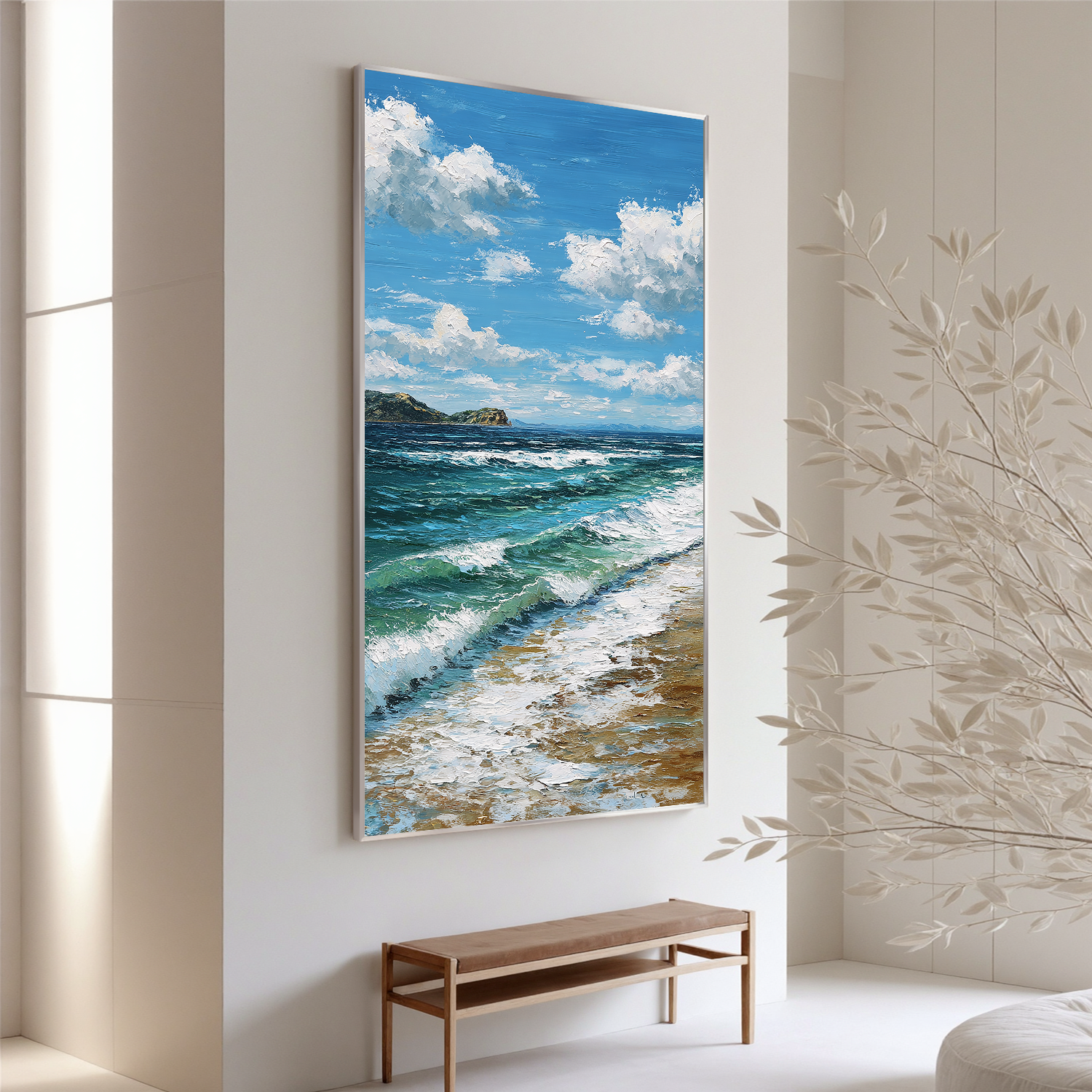 Vertical Coastal Ocean Wall Art – Blue Sea Waves and Sky Canvas Painting for Modern Home Decor#OA 0833