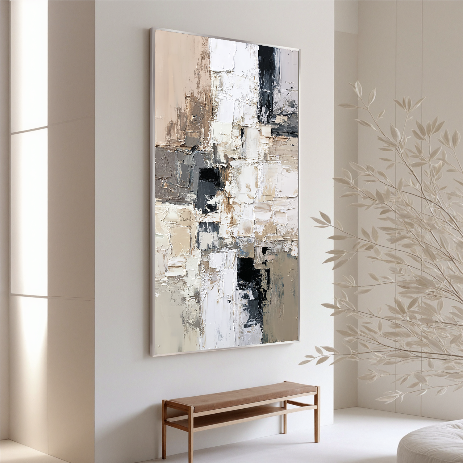 Vertical Neutral Abstract Canvas Wall Art – Textured Black White Beige Painting for Modern Home Decor#OA 0875