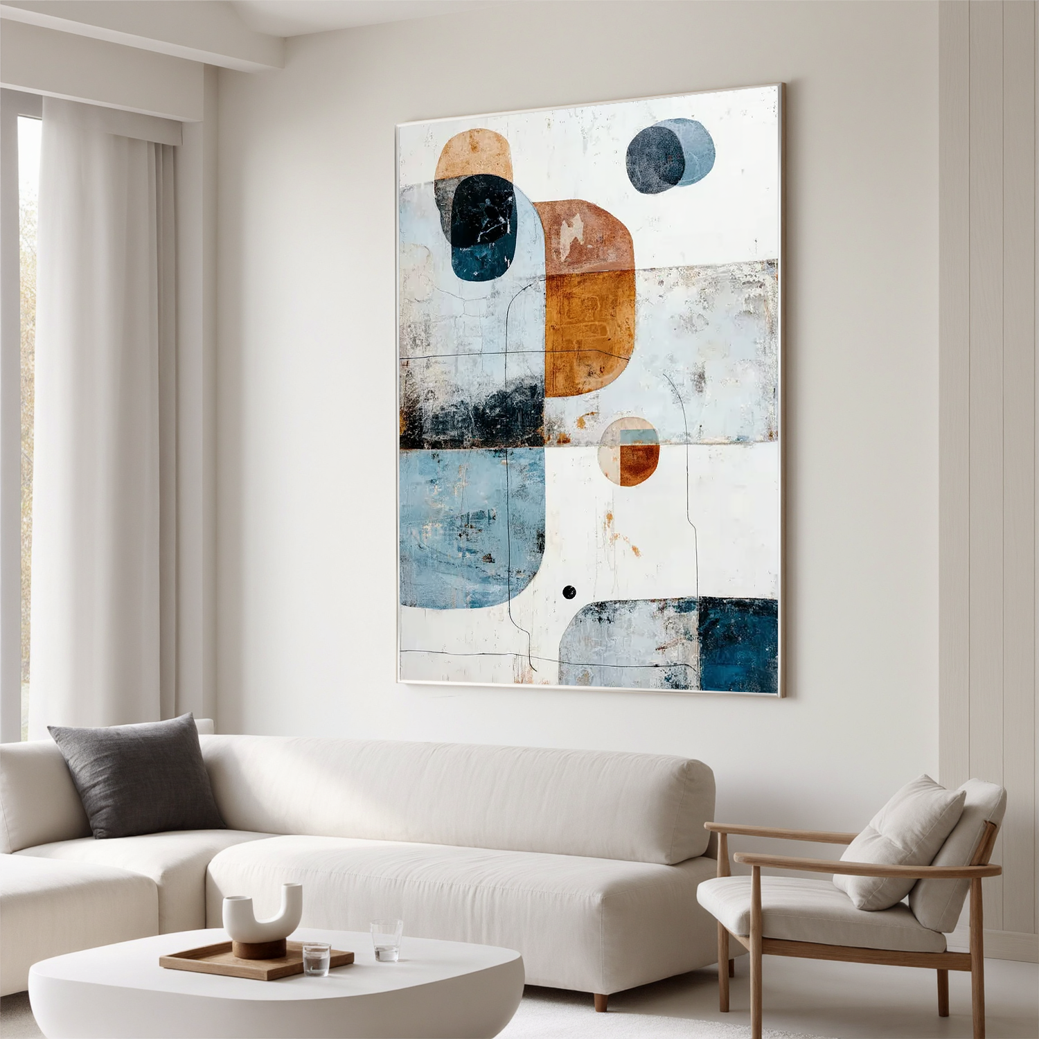 Modern Geometric Abstract Oil Painting, Blue and Rust Wall Art for Living Room Decor#OA 0583