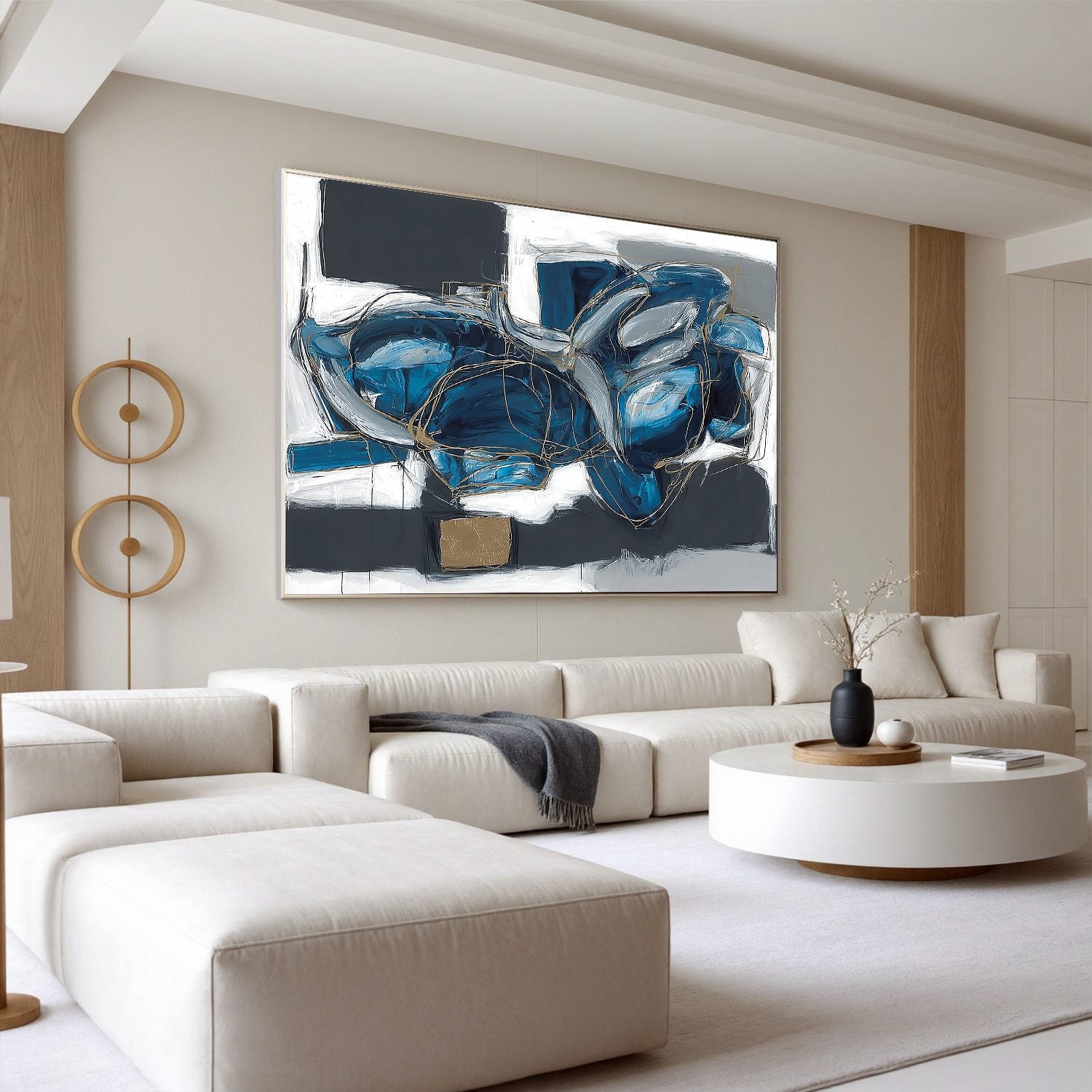 Blue Abstract Wall Art, Modern Black White and Gold Line Canvas Painting for Living Room Décor #OA 0418