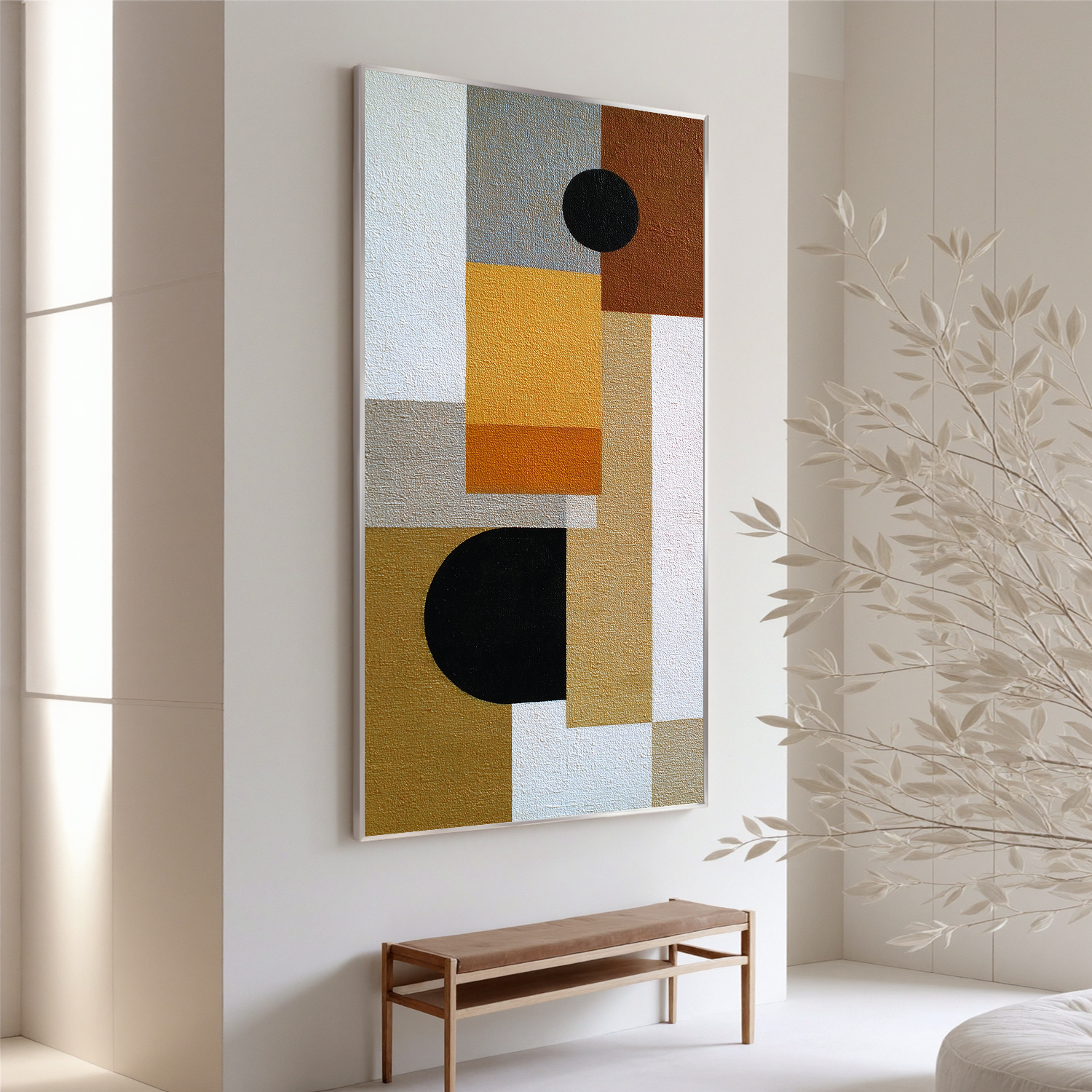Mid Century Modern Geometric Abstract Canvas Wall Art – Neutral Beige and Mustard Yellow Vertical Painting for Living Room Decor#OA 0864