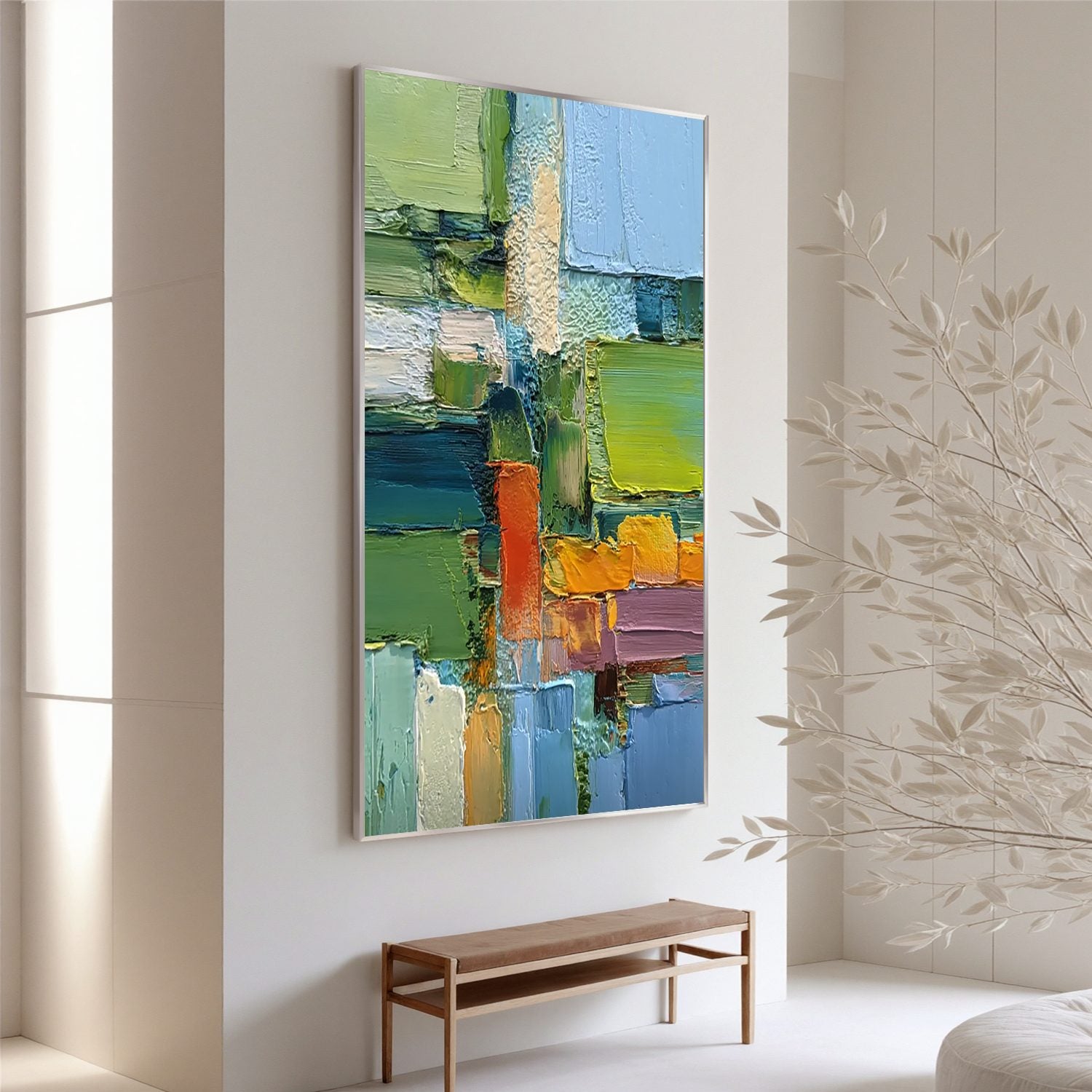 Green Geometric Abstract Wall Art, Colorful Textured Block Canvas Painting for Modern Living Room Décor