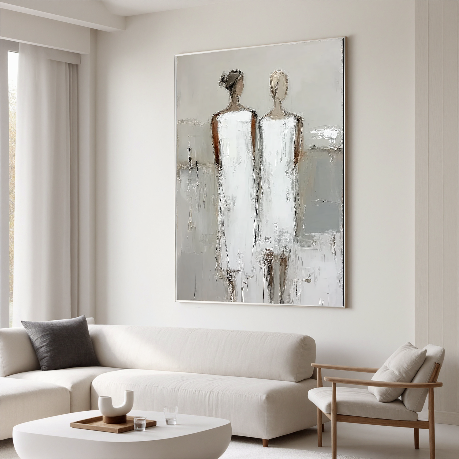 Neutral Abstract Figure Oil Painting, Minimalist Two Women Wall Art for Living Room Decor #OA 0522