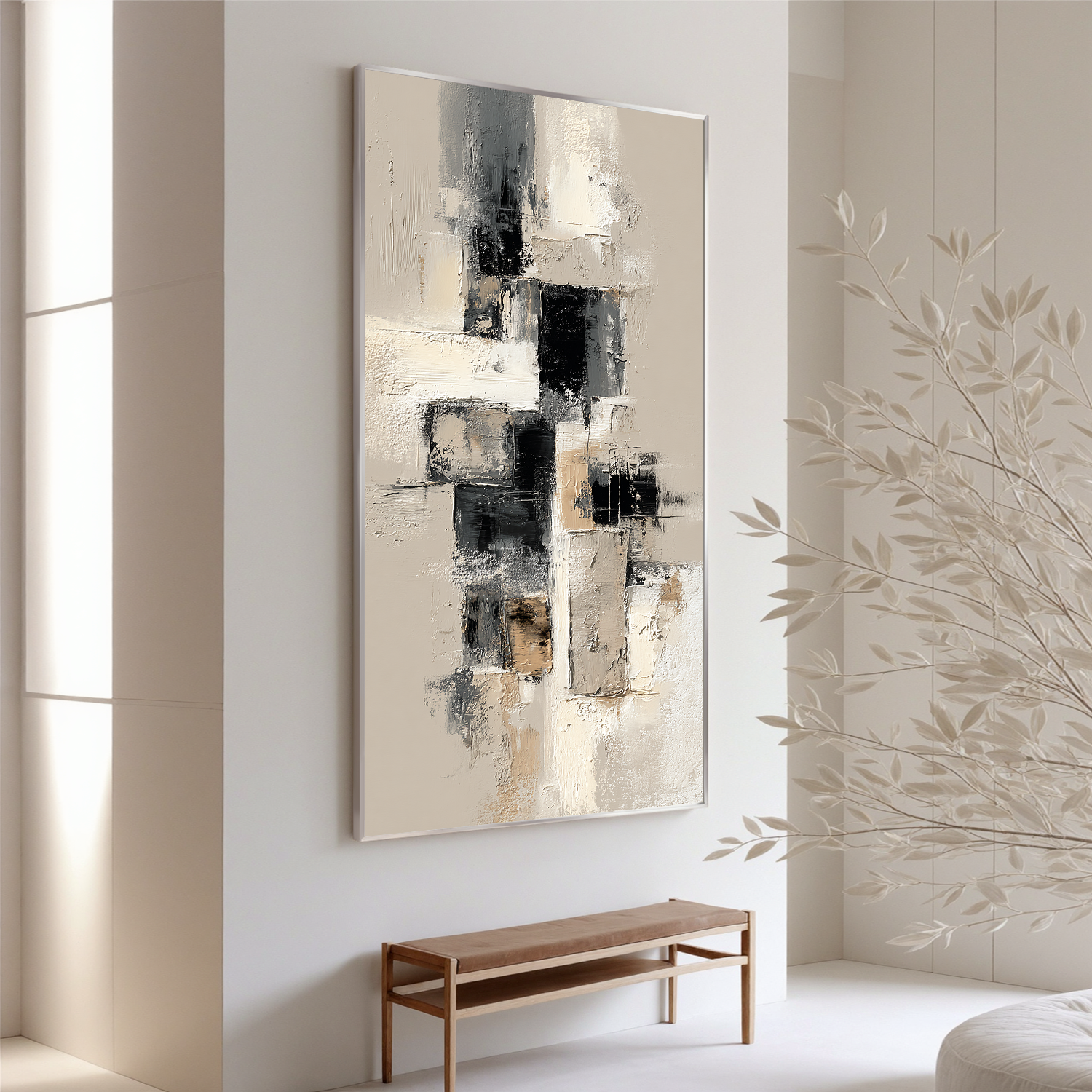 Vertical Black and White Abstract Canvas Wall Art – Textured Neutral Minimalist Painting for Modern Home Decor#OA 0877