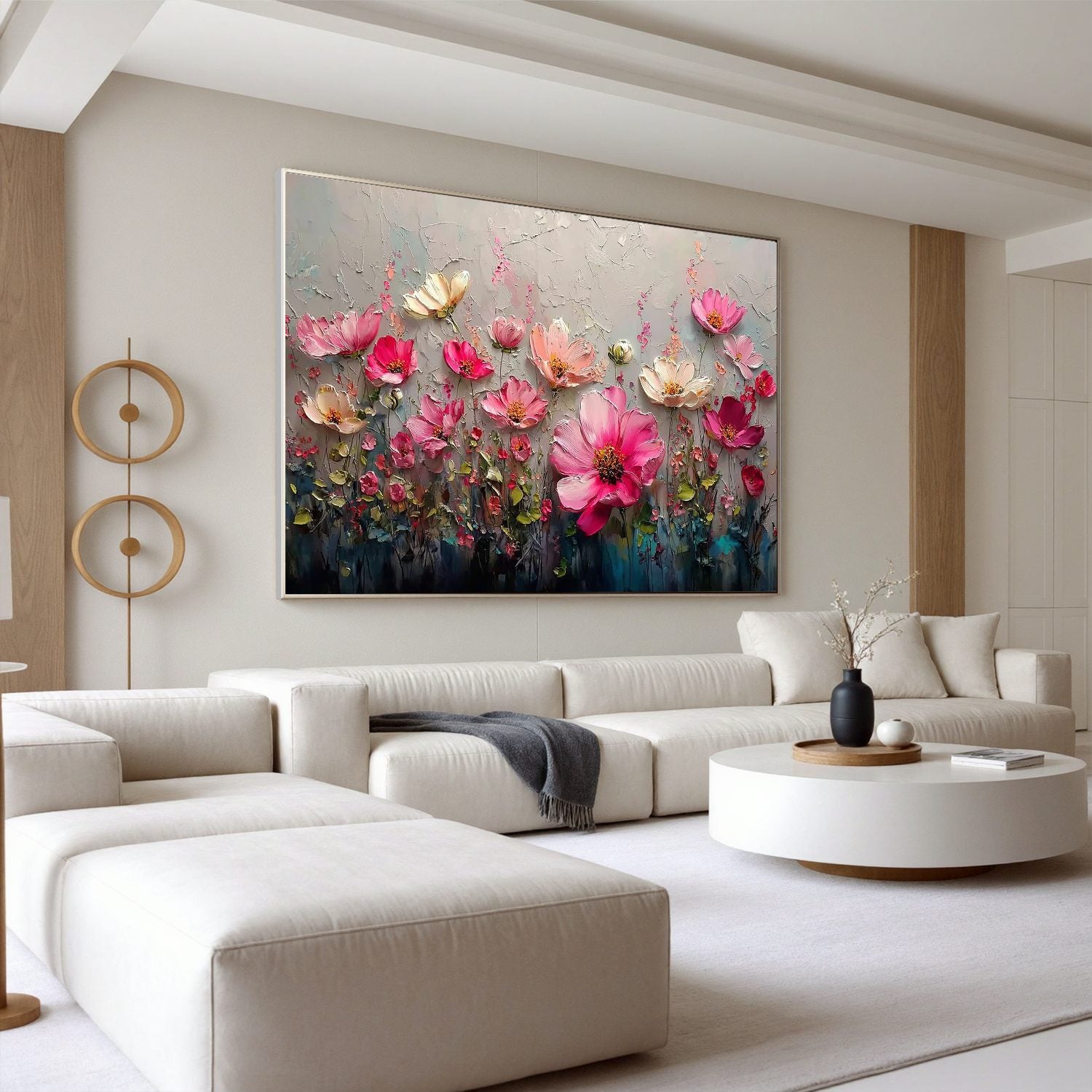 Pink Floral Wall Art, Textured Flower Garden Canvas Painting for Living Room Décor #OA 0409