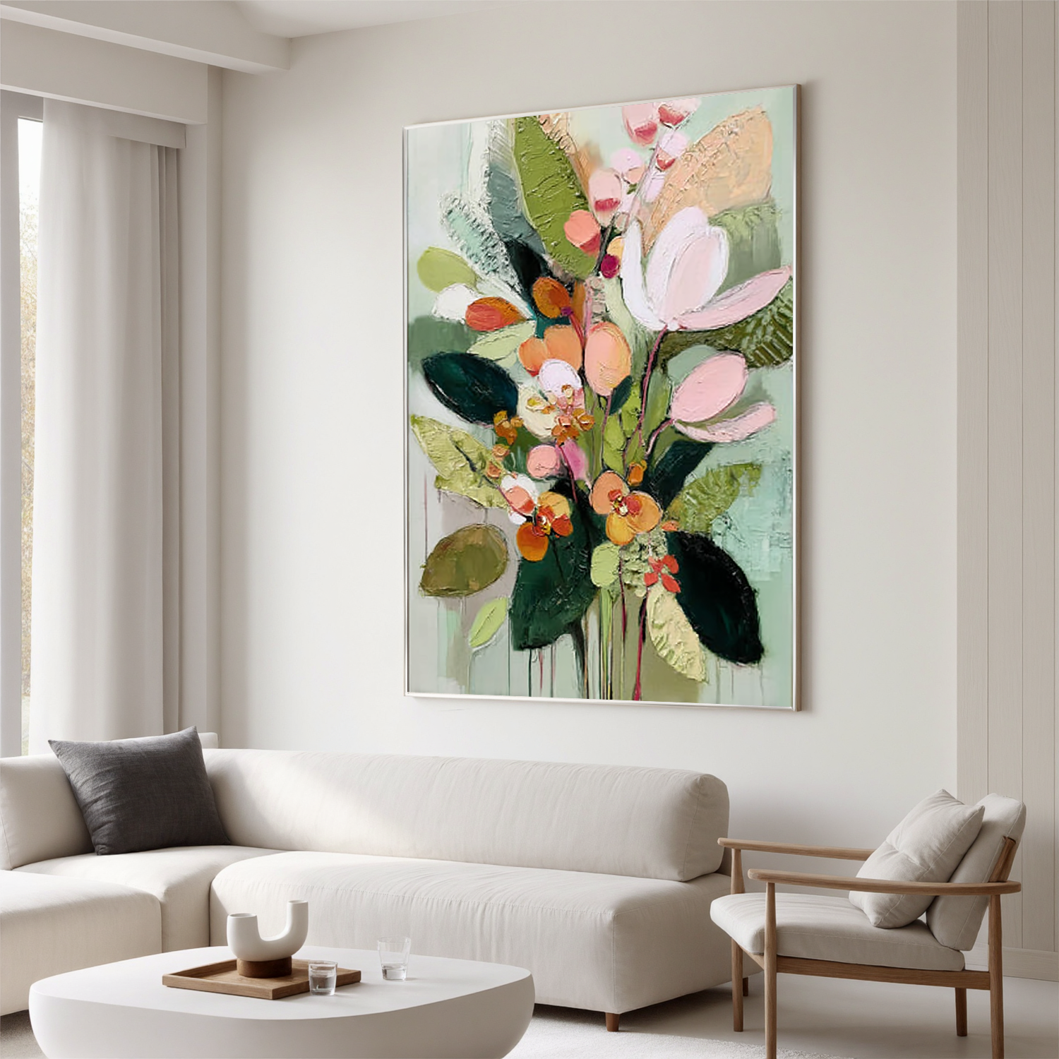 Pastel Floral Bouquet Oil Painting, Green Botanical Wall Art for Living Room Decor#OA 0511