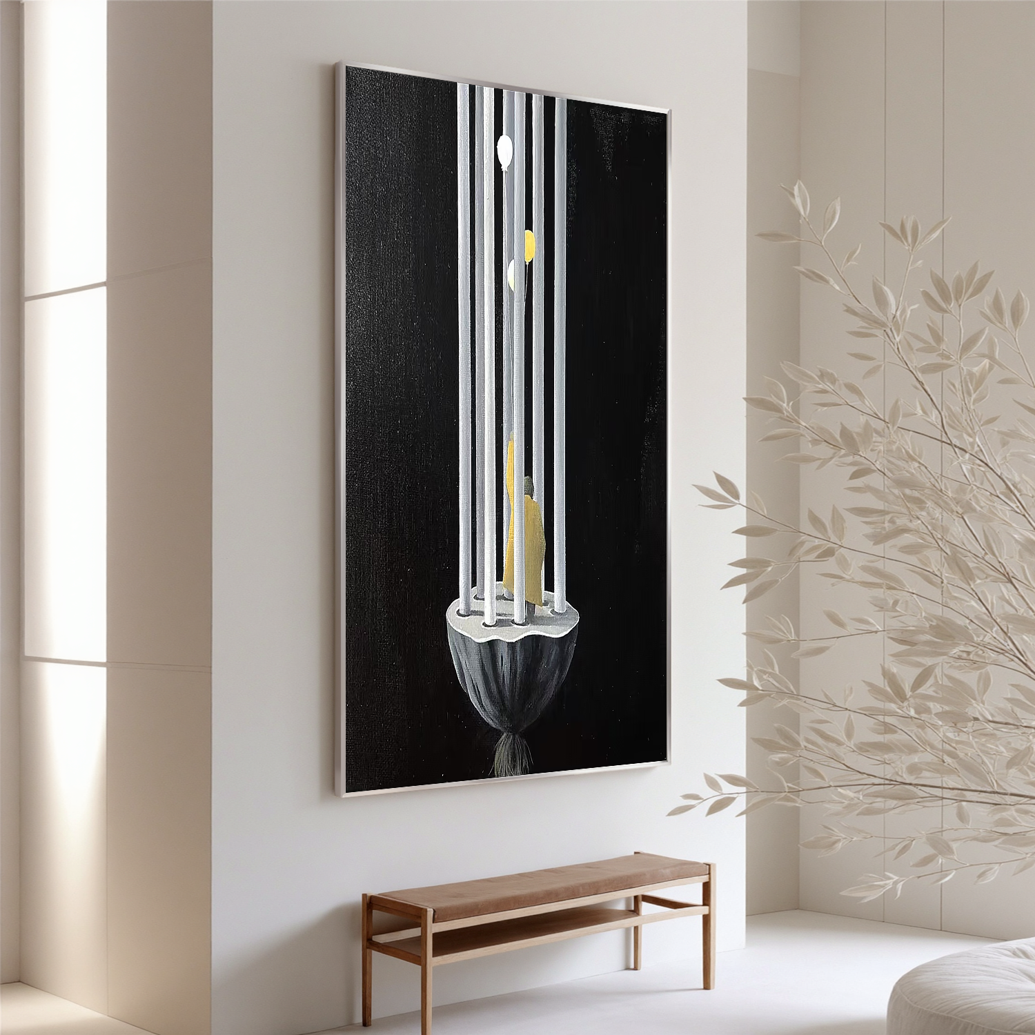 Surreal Minimalist Cage Wall Art with Human Figure and Balloons, Modern Abstract Canvas Painting for Contemporary Home Decor #OA 0790
