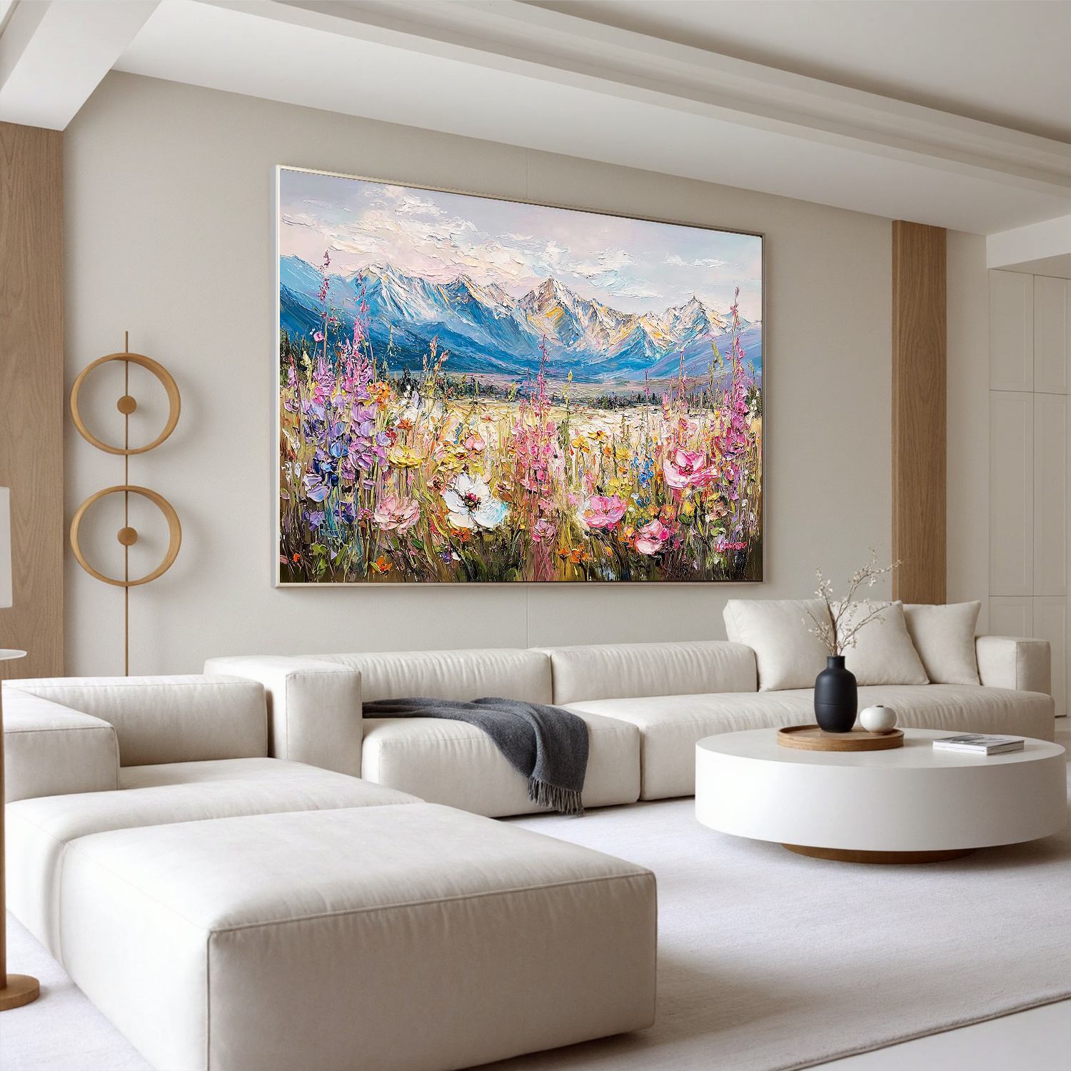 Mountain Wildflower Meadow Wall Art, Textured Alpine Landscape Canvas Painting for Living Room Décor #OA 0416