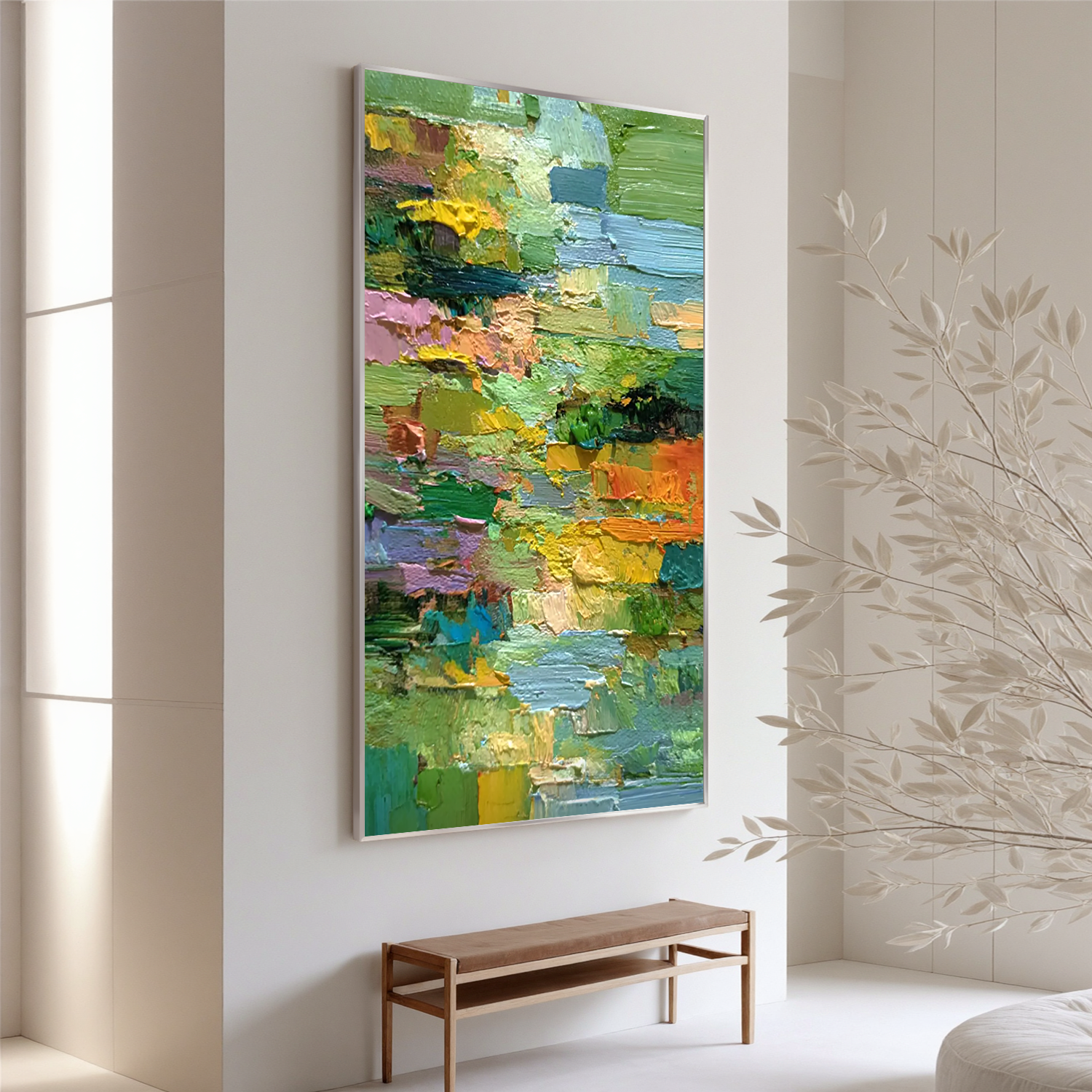 Green Abstract Landscape Oil Painting, Textured Nature Wall Art for Living Room Decor#OA 0601