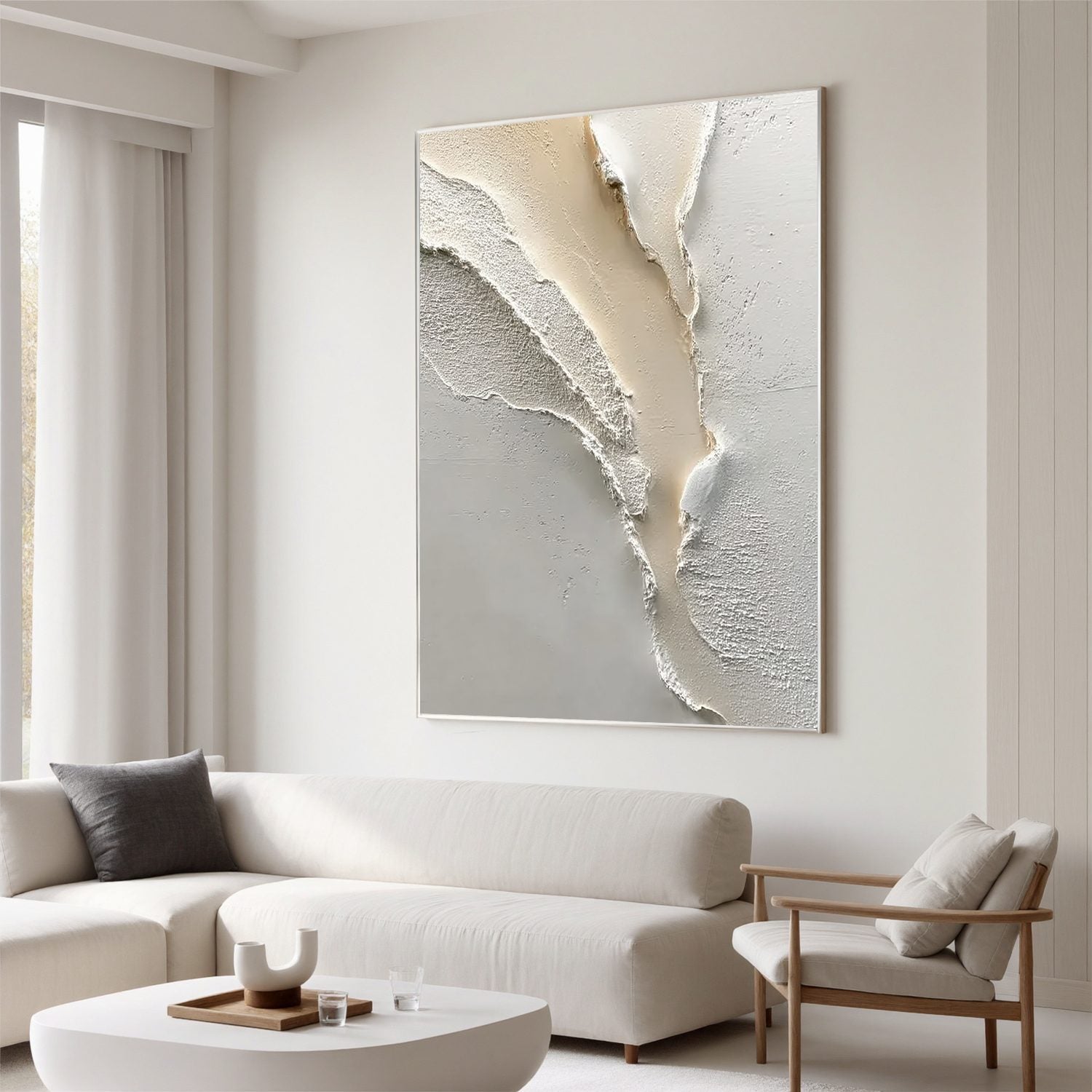 Neutral Textured Abstract Wall Art, White Beige 3D Canvas Painting for Modern Living Room Décor #OA 0009