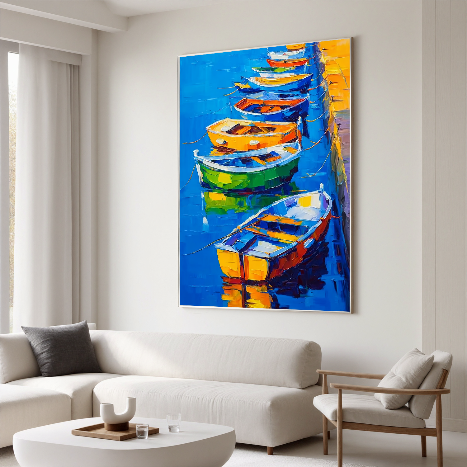 Colorful Boat Oil Painting, Blue Harbor Coastal Wall Art for Living Room Decor#OA 0574
