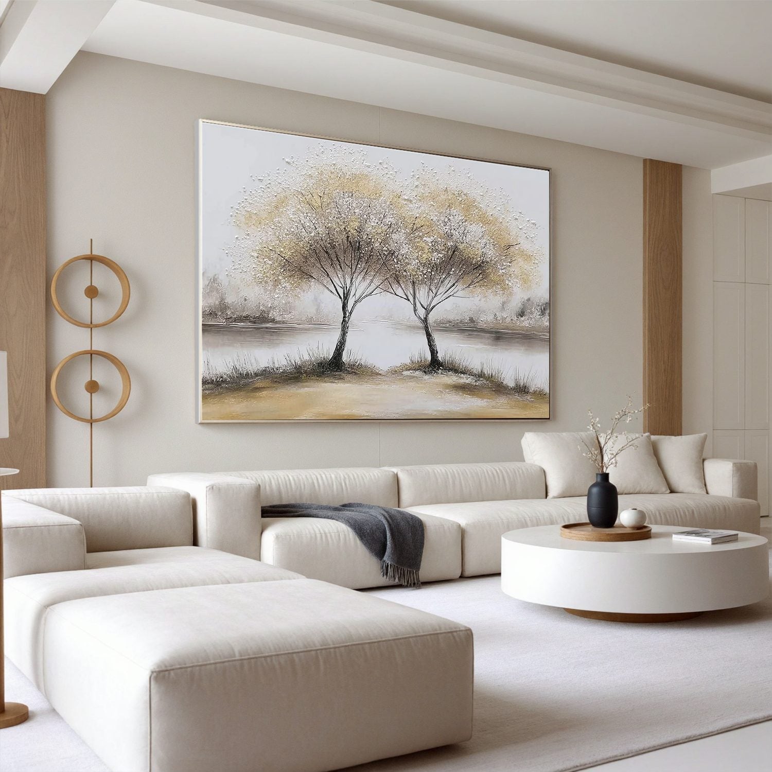 Lakeside Tree Wall Art, Neutral Twin Trees Landscape Canvas Painting for Living Room Décor #OA 0421