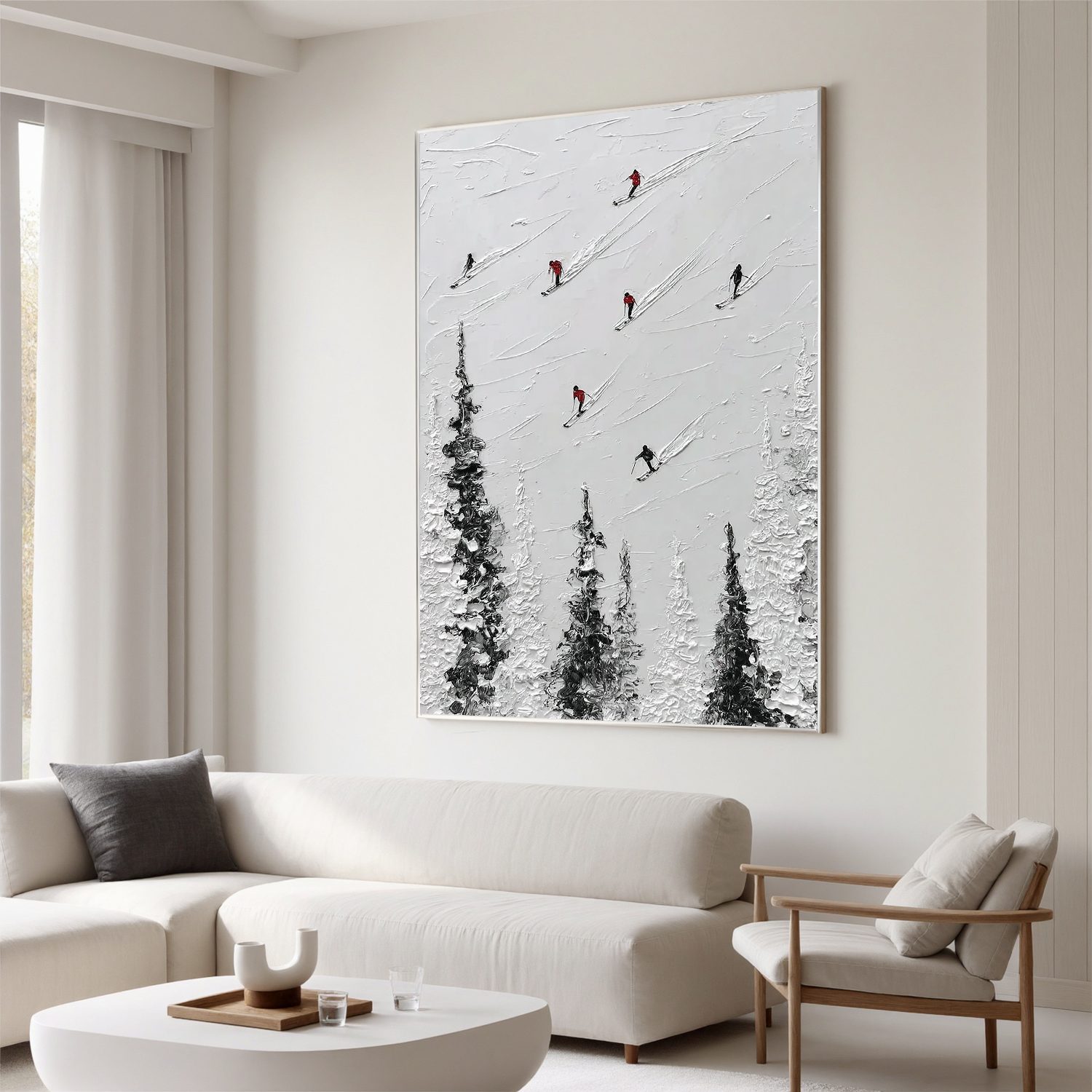 Skiing Oil Painting, Minimalist Snow Mountain Wall Art for Living Room Decor#OA 0561
