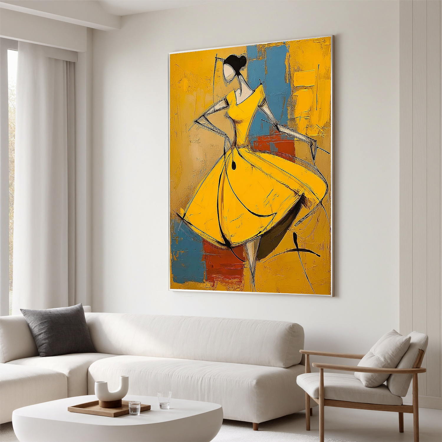 Yellow Dress Abstract Figure Oil Painting, Modern Woman Wall Art for Living Room Decor#OA 0529