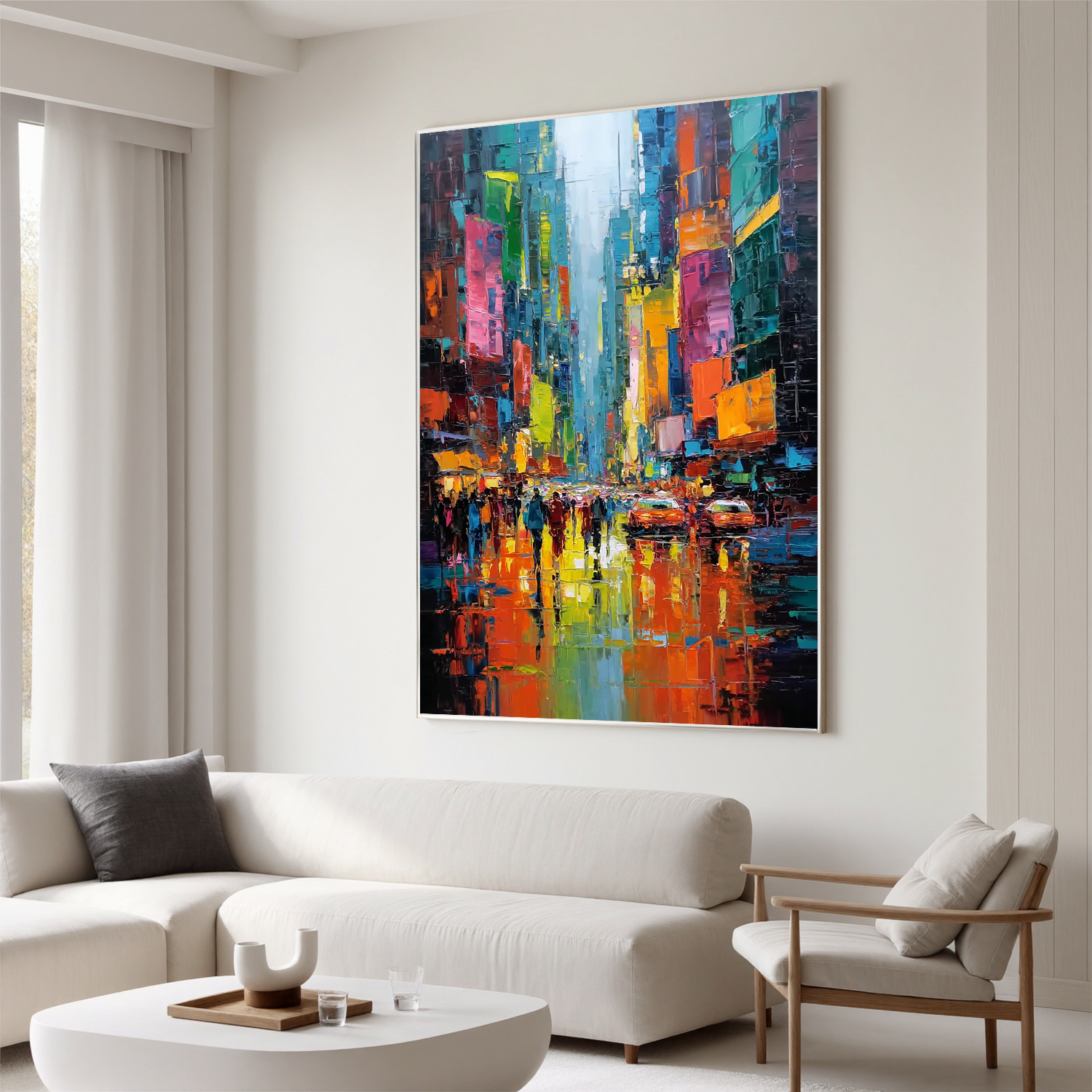 Colorful City Street Oil Painting, Abstract Urban Wall Art for Living Room Decor#OA 0533