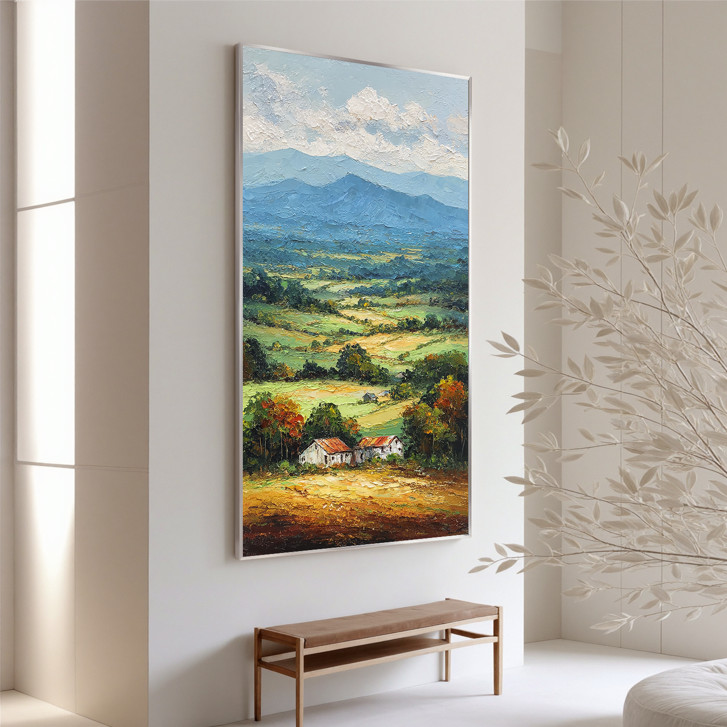 Vertical Countryside Landscape Oil Painting – Rustic Mountain Valley Canvas Wall Art#OA 0891